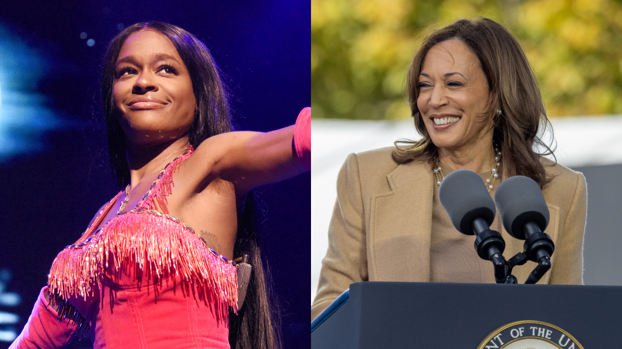 Azealia Banks performing in a red outfit, and Kamala Harris speaking at a podium.