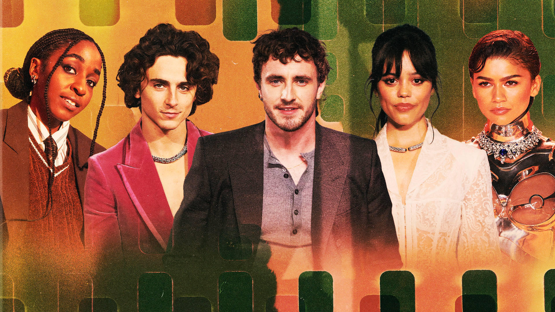 A collage featuring Ayo Edebiri (far left), Timothée Chalamet (center left), Paul Mescal (center), Jenna Ortega (center right), and Zendaya (far right). Each celebrity is dressed stylishly.