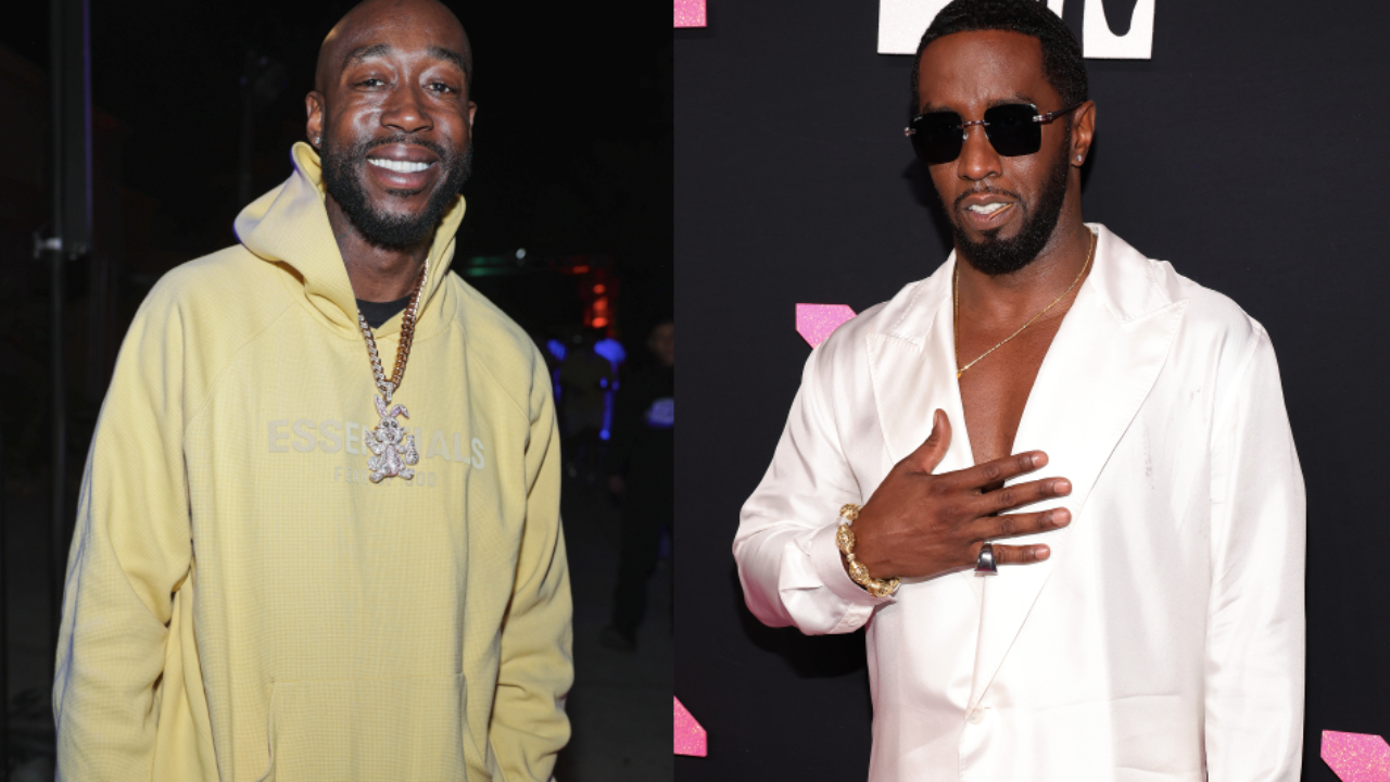 Rapper Freddie Gibbs in a yellow hoodie and Sean "Diddy" Combs in a white suit at an event.