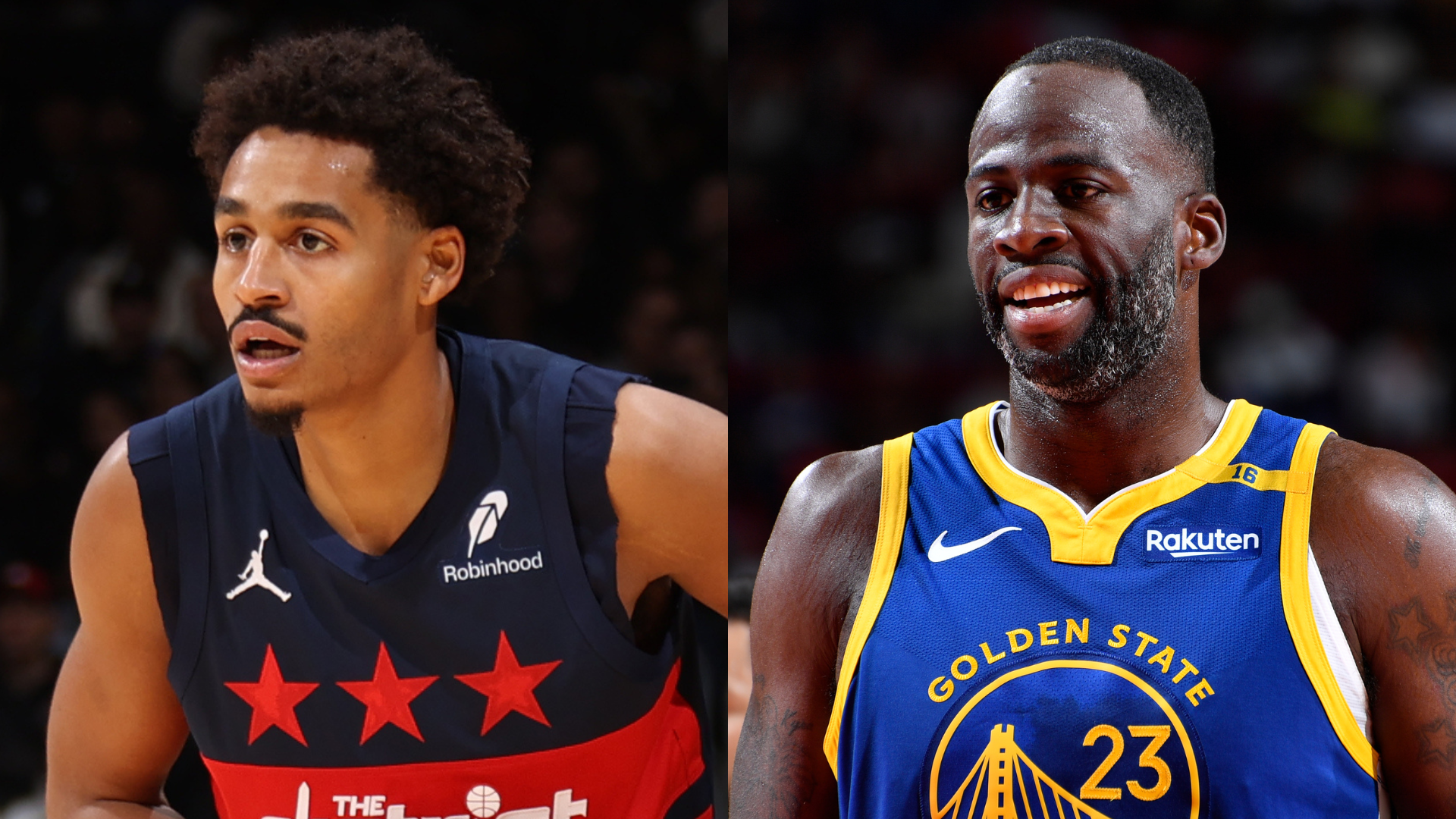 Jordan Poole in a Washington Wizards jersey and Draymond Green in a Golden State Warriors jersey.