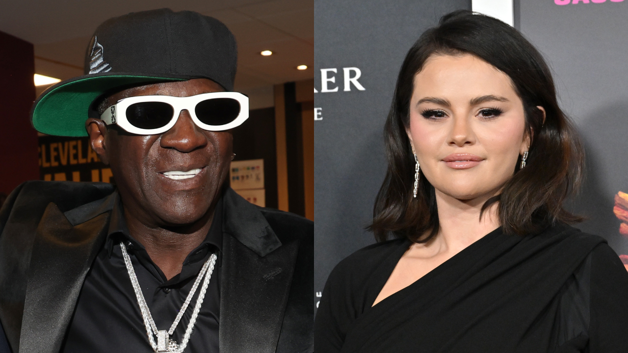 Flavor Flav in sunglasses and a cap, and Selena Gomez in a black dress at an event.