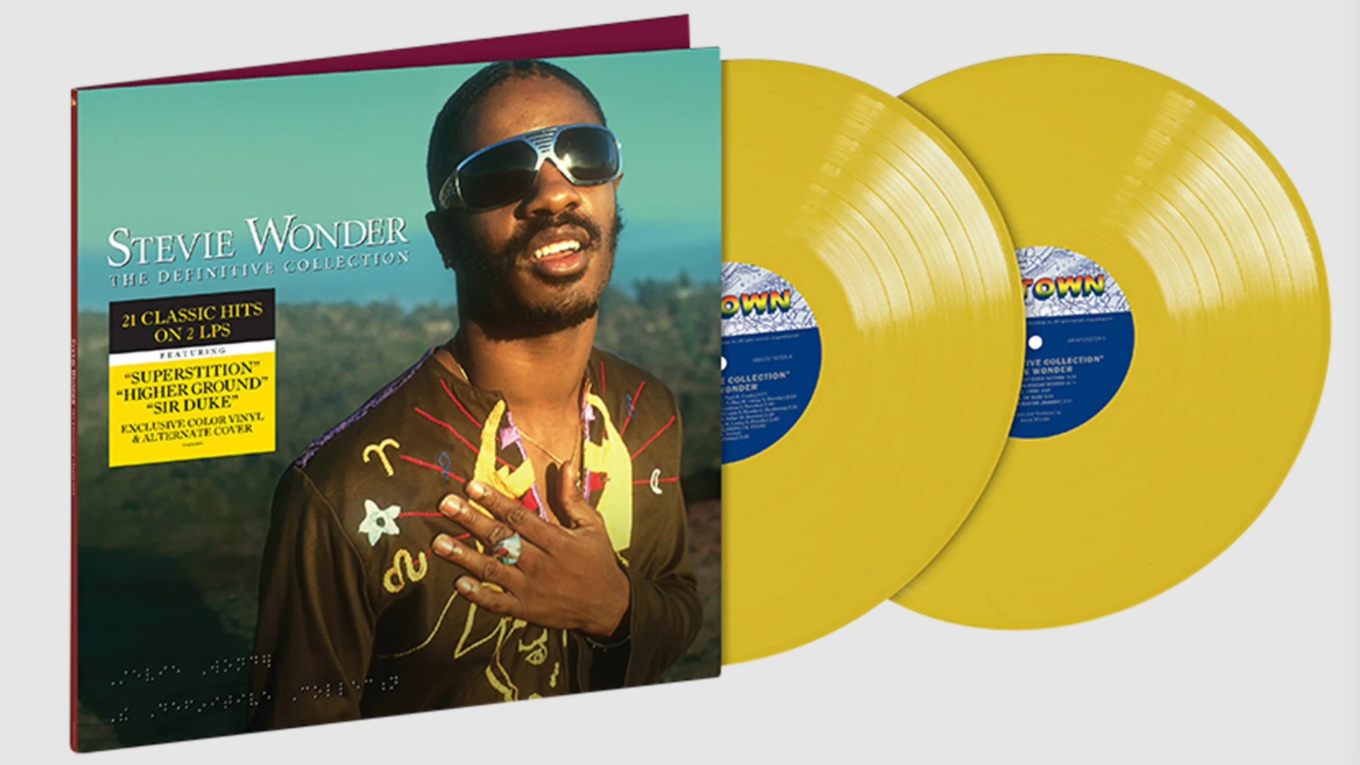 Album cover of Stevie Wonder's "The Definitive Collection" with two yellow vinyl records.