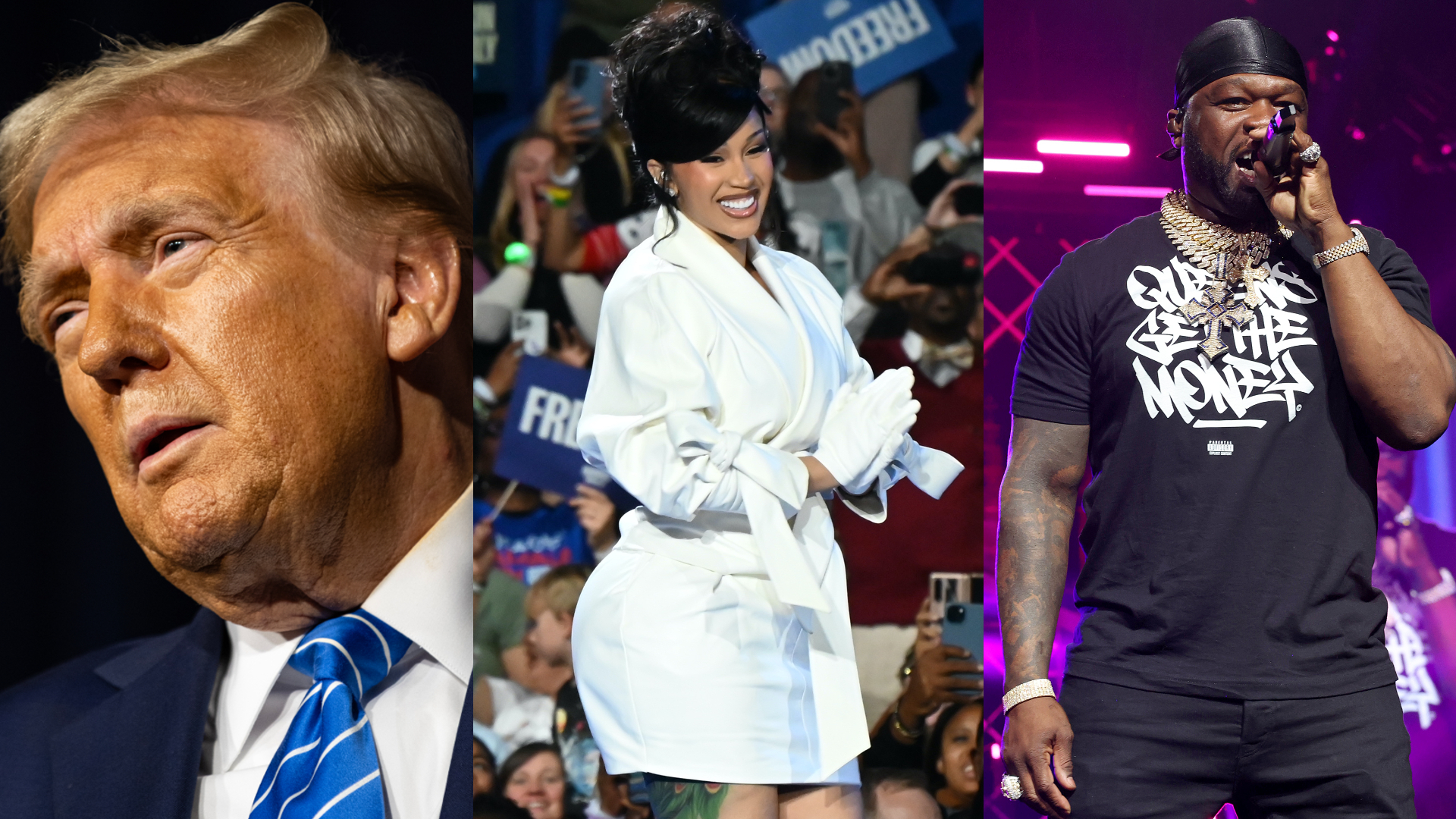 Donald Trump speaking, Cardi B performing in a white outfit, and 50 Cent rapping on stage wearing a black shirt and cap.