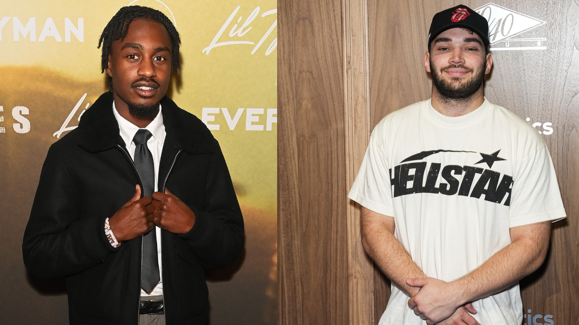 Two men posing for photos; one in a black jacket and tie, the other in a white t-shirt and cap.
