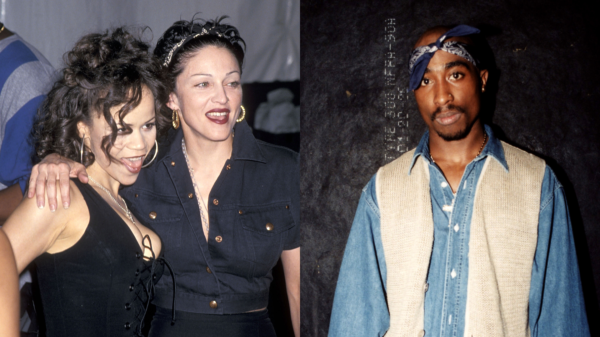 A split image showing Rosie Perez, Madonna, and Tupac Shakur in 1994.