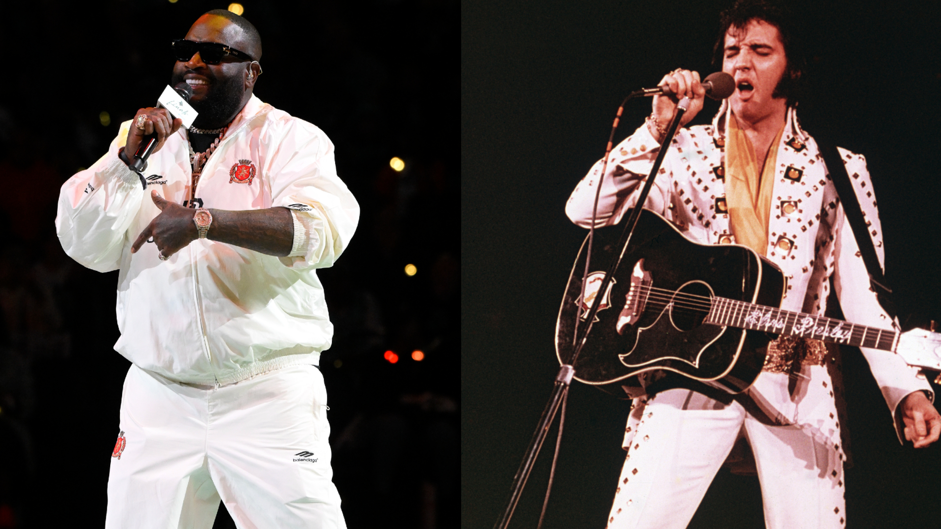 Rick Ross performing in a white tracksuit and sunglasses; Elvis Presley singing with a guitar in a white jumpsuit.