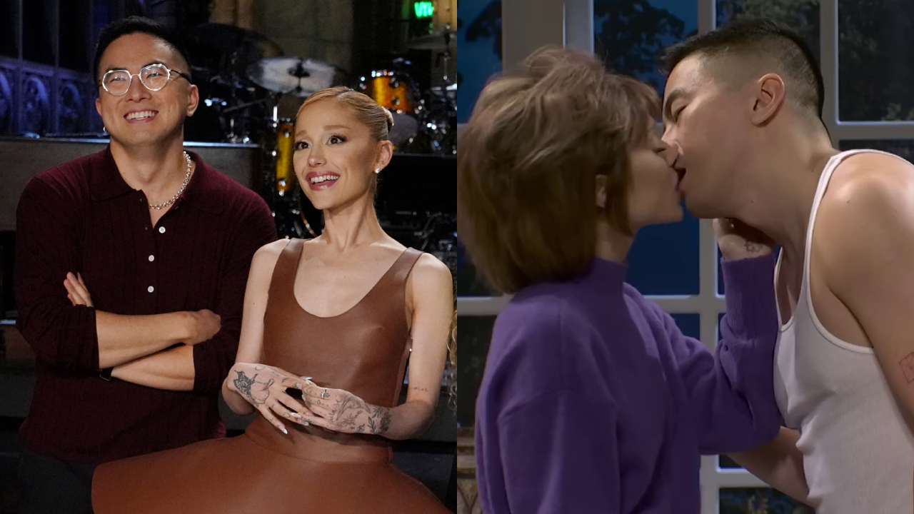 (L) Ariana Grande and Bowen Yang smiling. (R) Bowen Yang kisses a Grande in a purple sweater in a sketch.