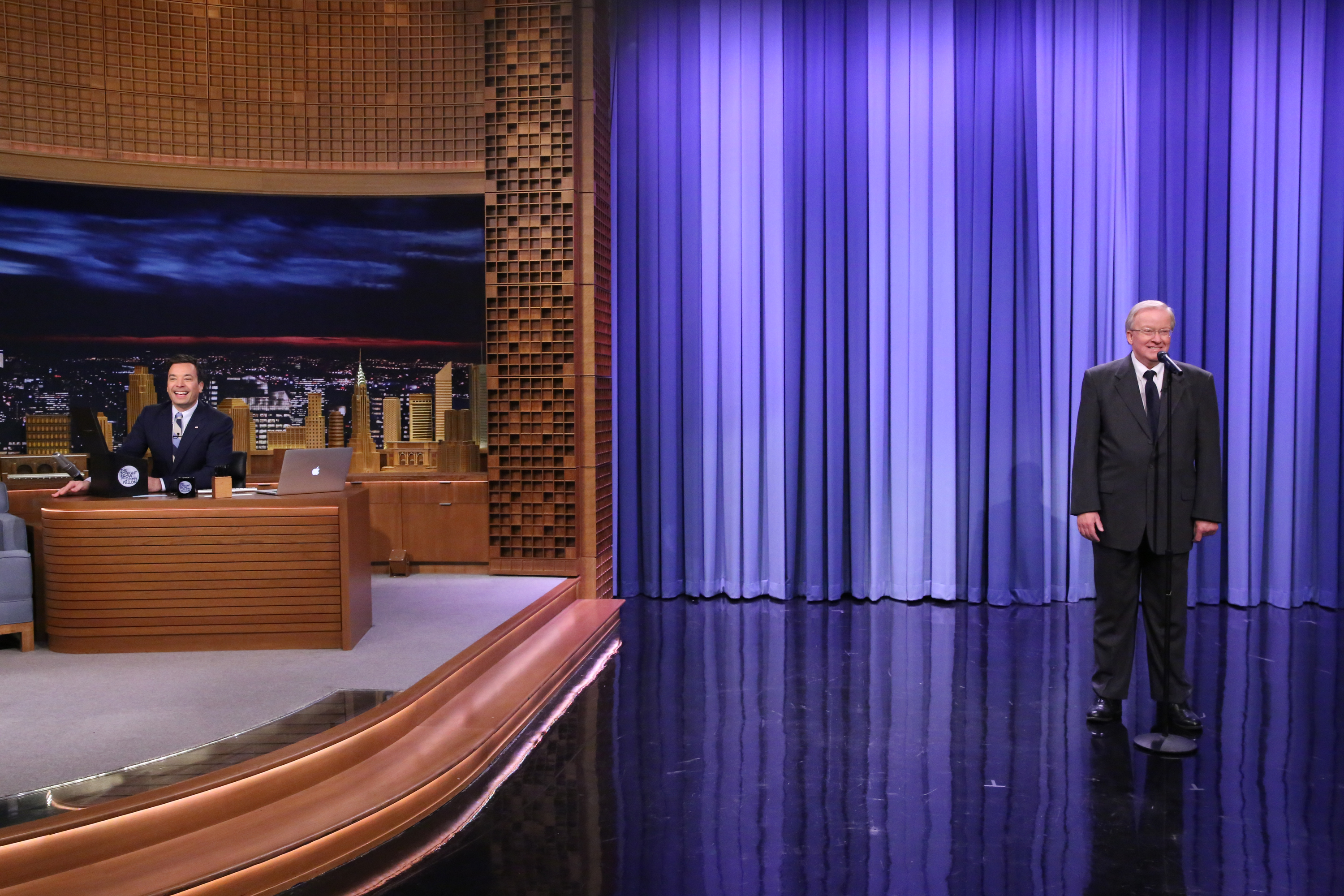 (L-R) Host Jimmy Fallon and Elwood Edwards during the Suggestion Box bit on March 4, 2015 