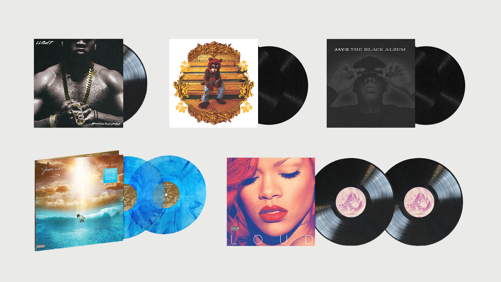 Vinyl records of Kanye West, Jay-Z, J. Cole, and Rihanna albums displayed with their cover art.