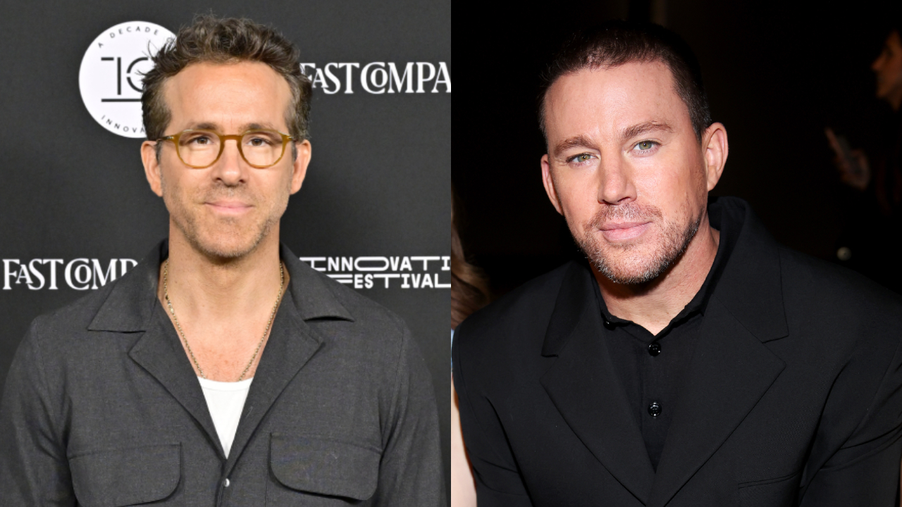 Ryan Reynolds wearing glasses and a dark shirt, and Channing Tatum in a black suit, both posing at events.