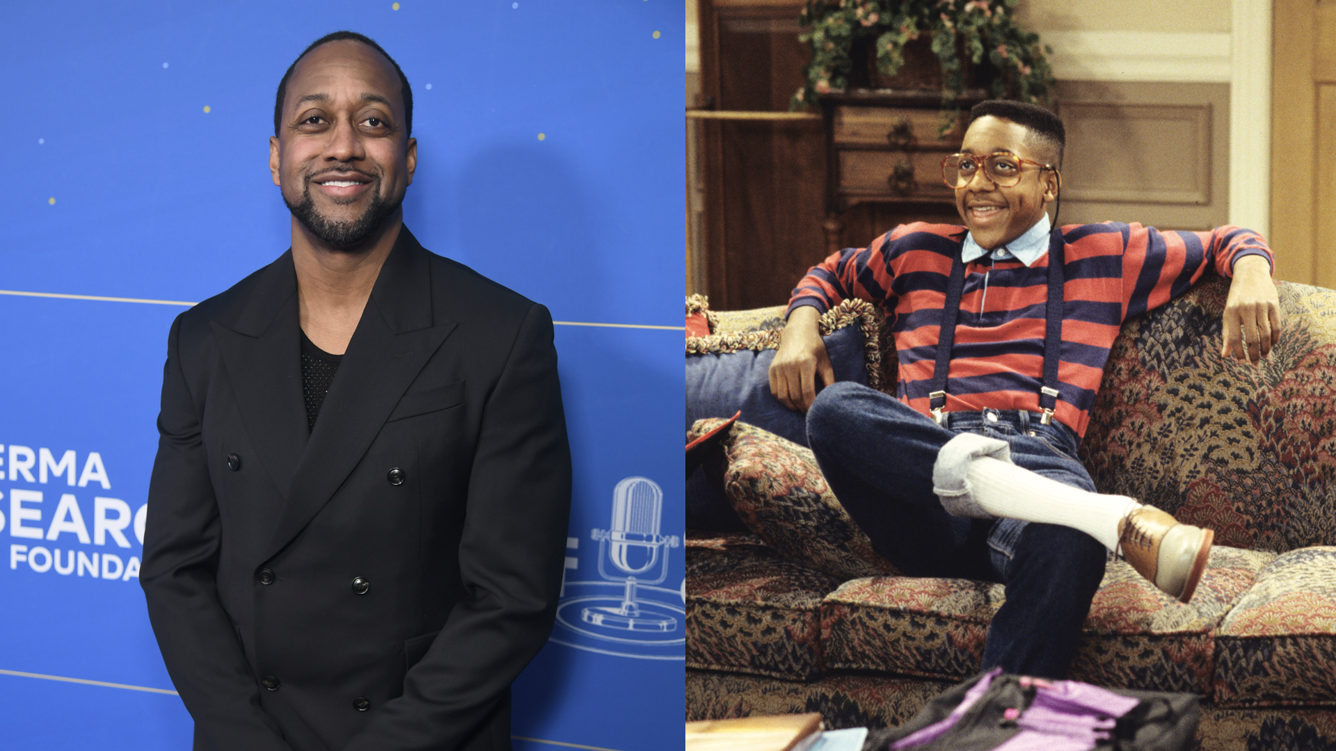 Jaleel White smiling in a black suit at an event; on the right, as Steve Urkel in a striped sweater and suspenders on a couch.