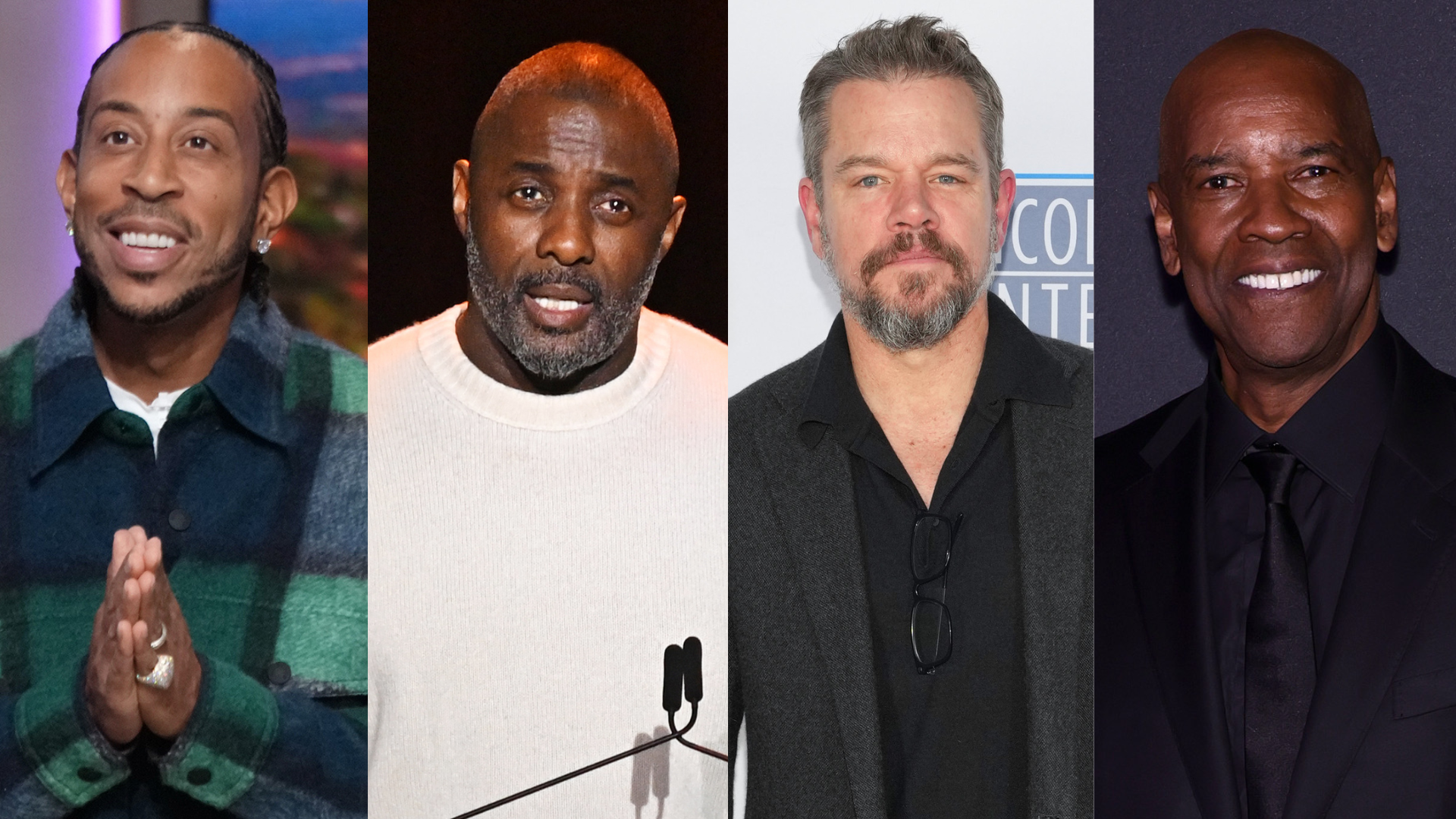 Ludacris, Idris Elba, Matt Damon, and Denzel Washington in a collage, each wearing different outfits and smiling.