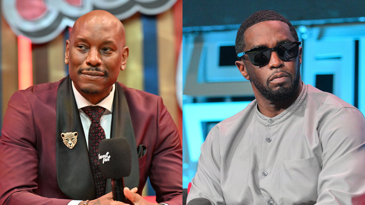 Tyrese Gibson in a maroon suit holding a microphone, and Sean "Diddy" Combs in sunglasses and a grey shirt, seated at an event.