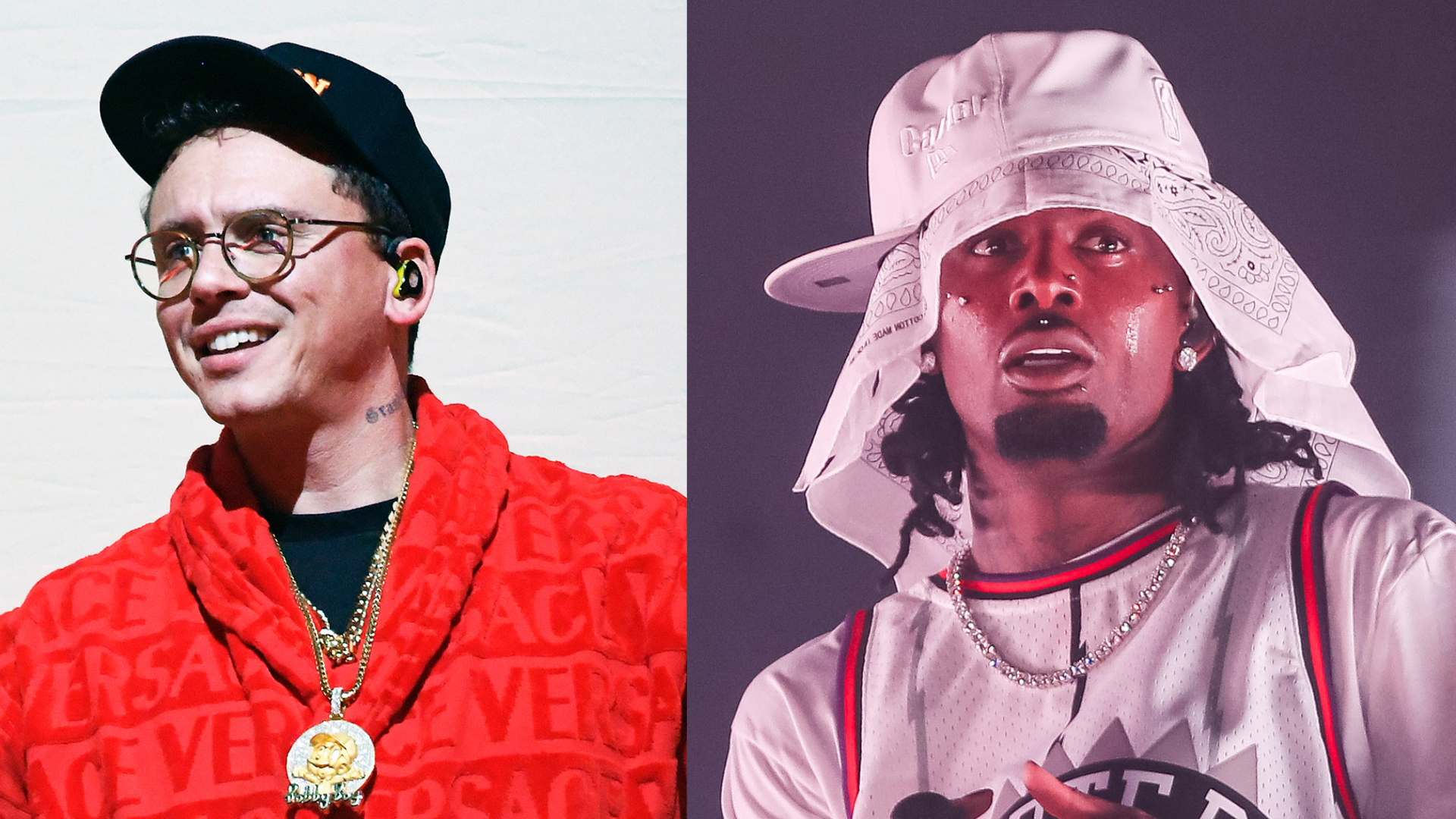 Rappers Logic and Offset. Logic wears a red Versace outfit and glasses; Offset has a white bandana and sports jersey.
