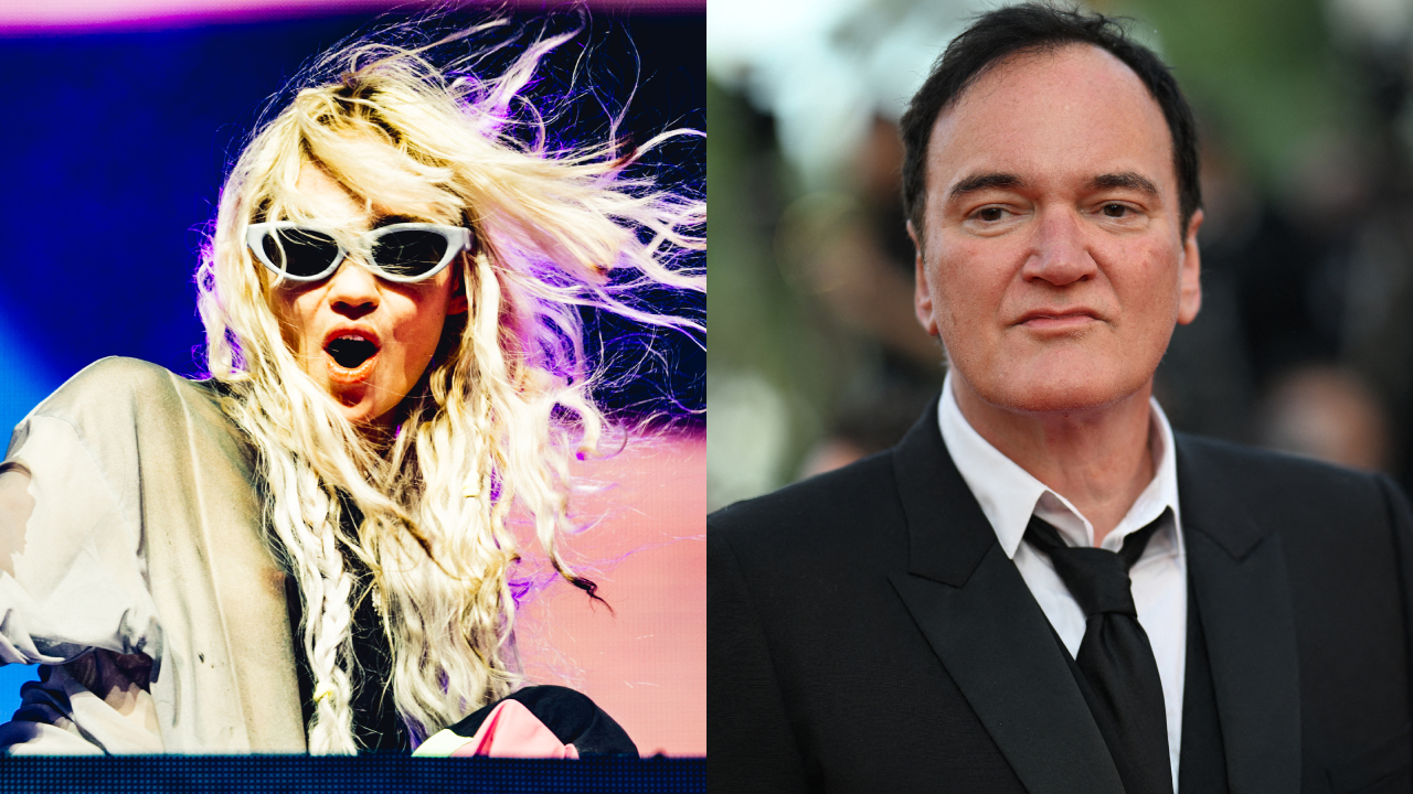 Grimes performing with sunglasses and wild hair; Quentin Tarantino in a suit at an event.