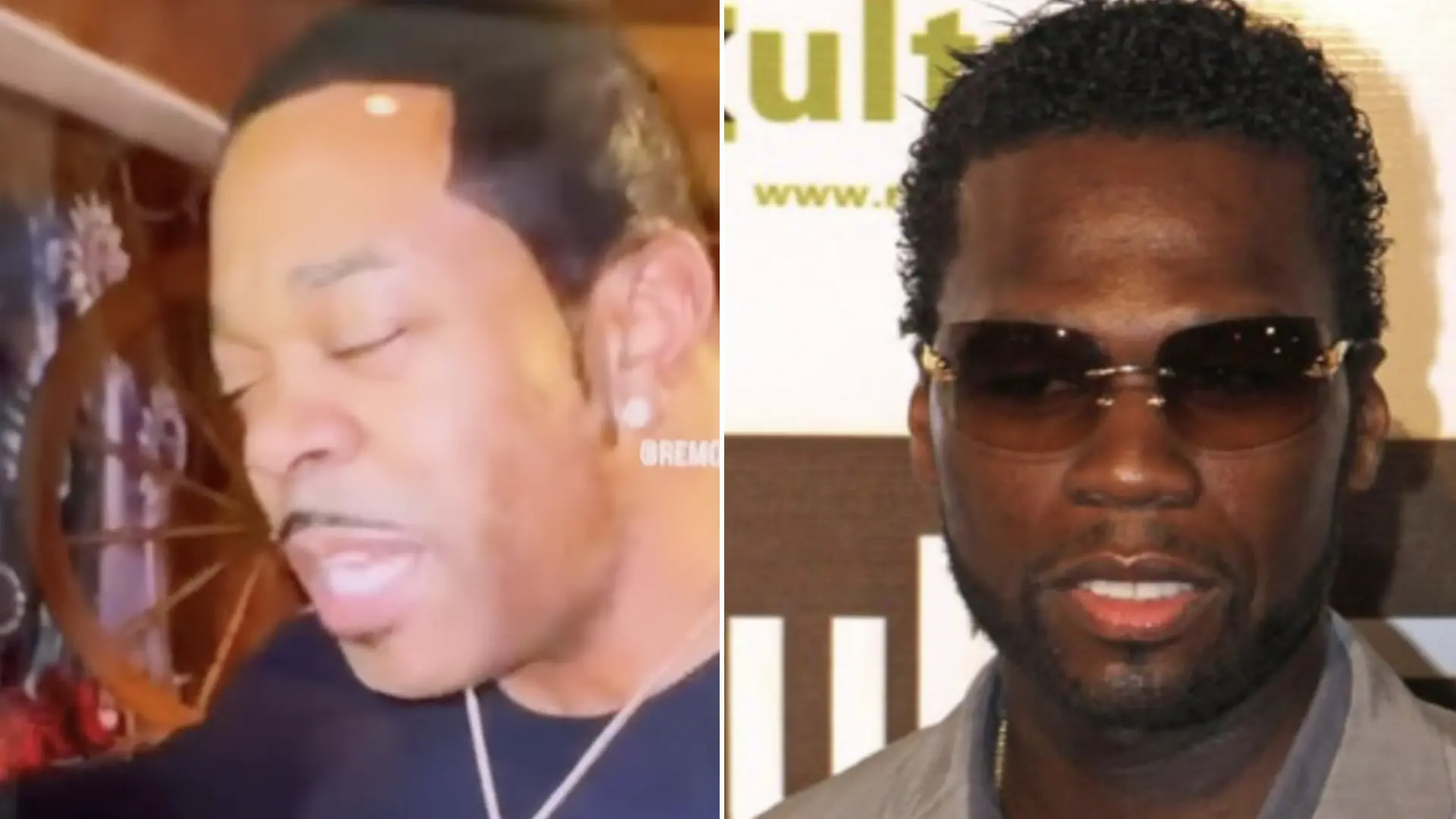 Two images side by side: Busta Rhymes with a closed-eye expression on the left, and 50 Cent wearing sunglasses on the right.