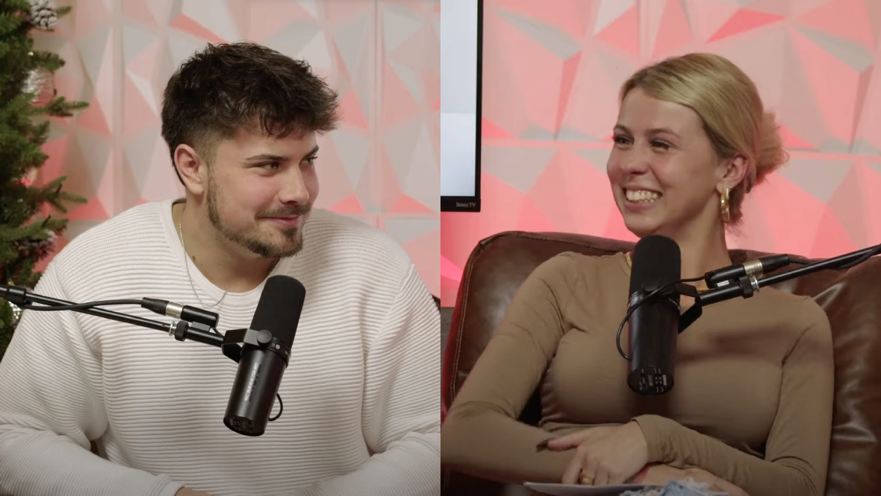 Kelby Blackwell with girlfriend Haliey "Hawk Tuah" Welch sitting in front of microphones, smiling at each other in a podcast setting.