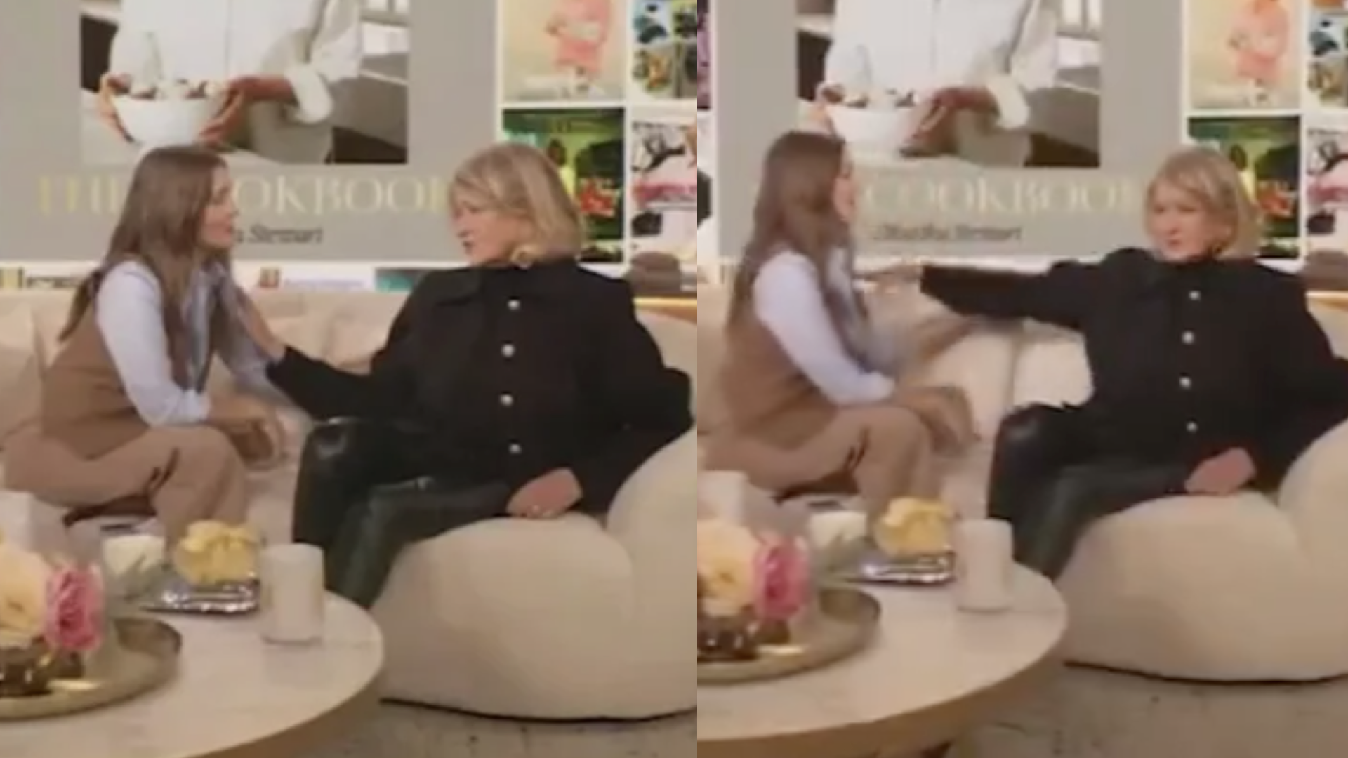A woman with long brown hair and a woman with short blonde hair sit on a couch, engaged in conversation with books displayed behind them.