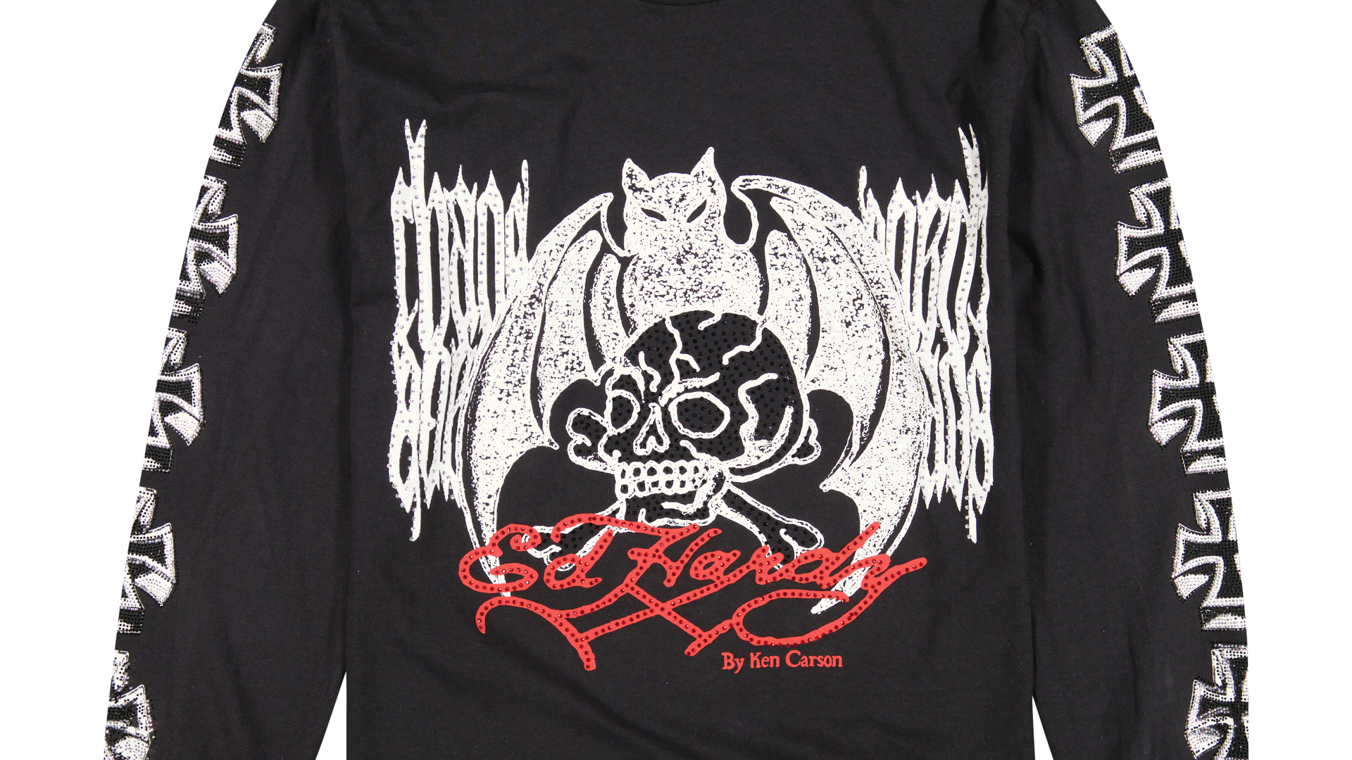 Black Ed Hardy long-sleeve shirt featuring a skull and bat graphic with red text. Intricate designs on the sleeves.