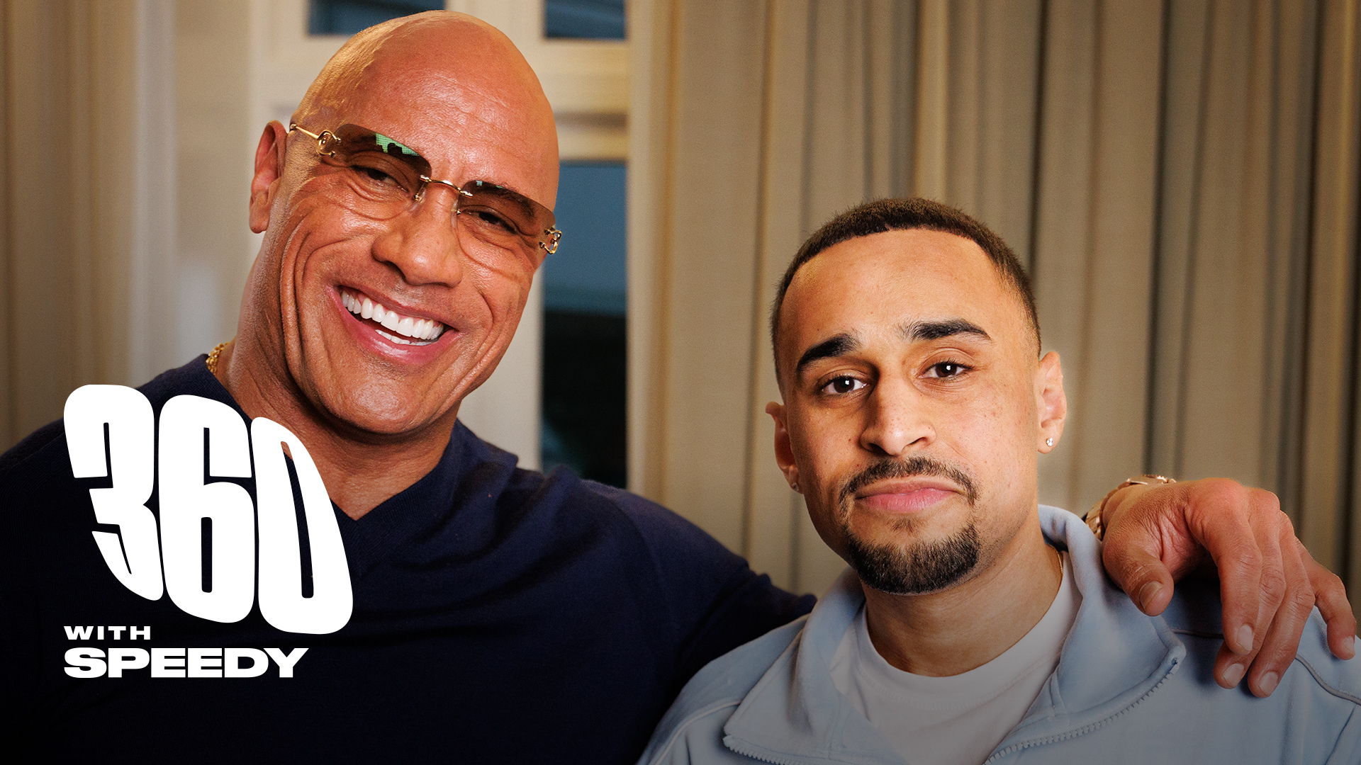 Dwayne "The Rock" Johnson smiling with his arm around another man. Text reads "360 with Speedy."