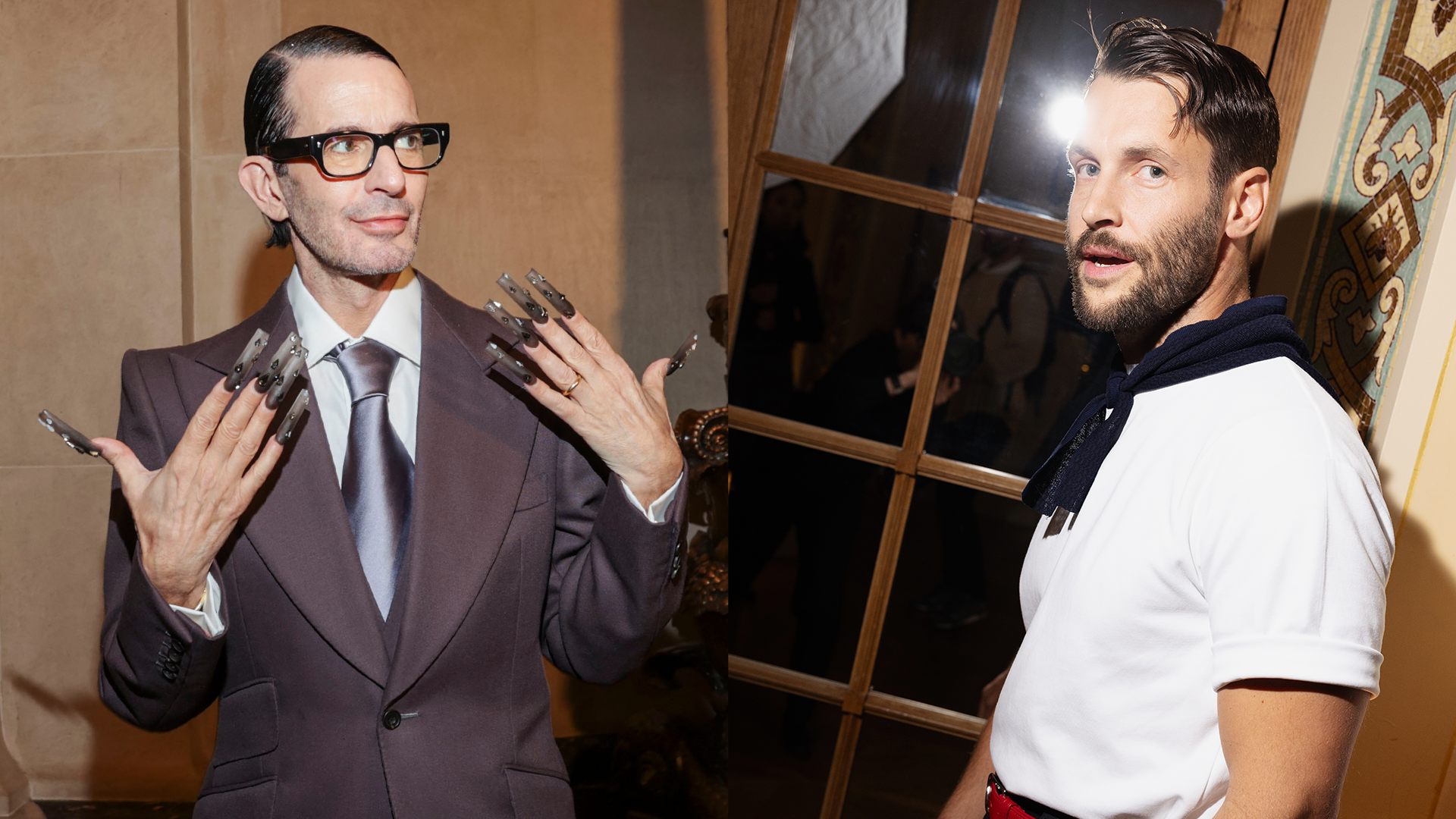 Marc Jacobs and Simon Porte Jacquemus pose stylishly; Marc in a suit with long nails, Simon in a white shirt with a sweater over his shoulders.