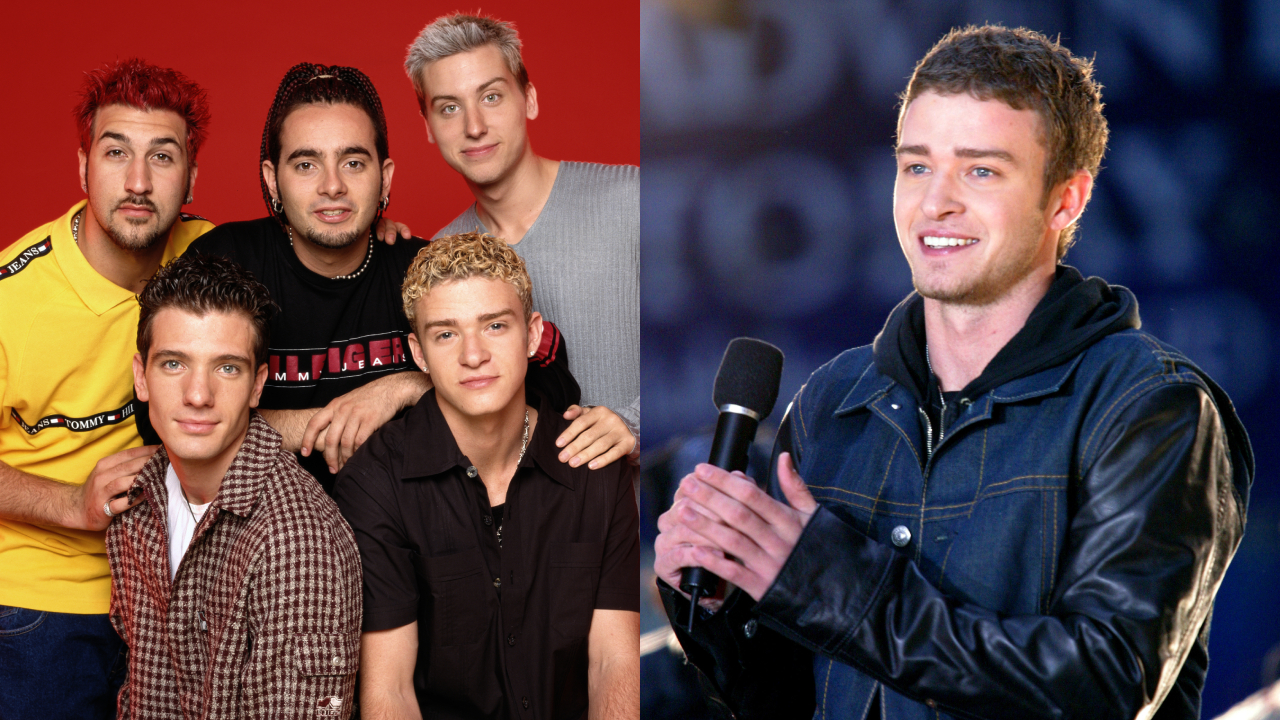 NSYNC band members; Justin Timberlake holding a microphone on the right.