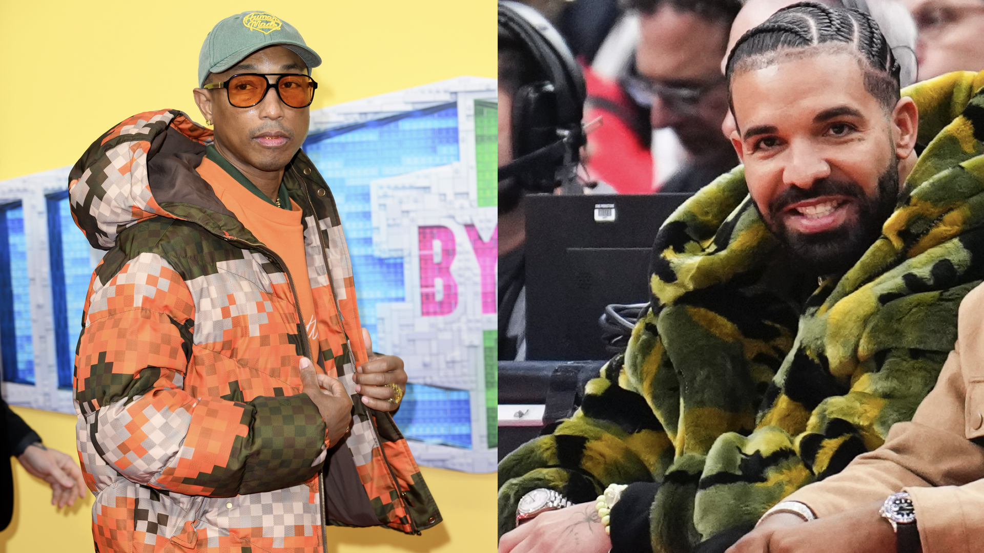 (L) Pharrell Williams wears cap, sunglasses, and orange checkered coat. (R) Drake wears green hoodie.