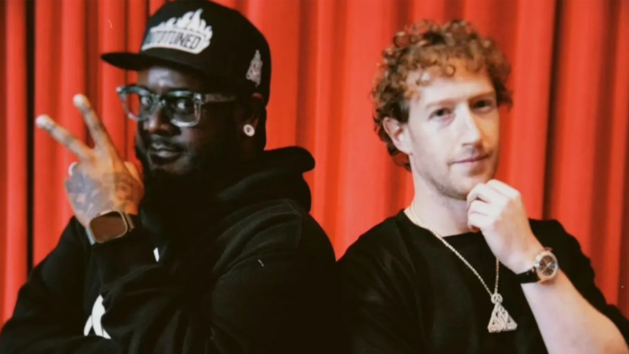 A picture showing T-Pain and Mark Zuckerberg back to back.