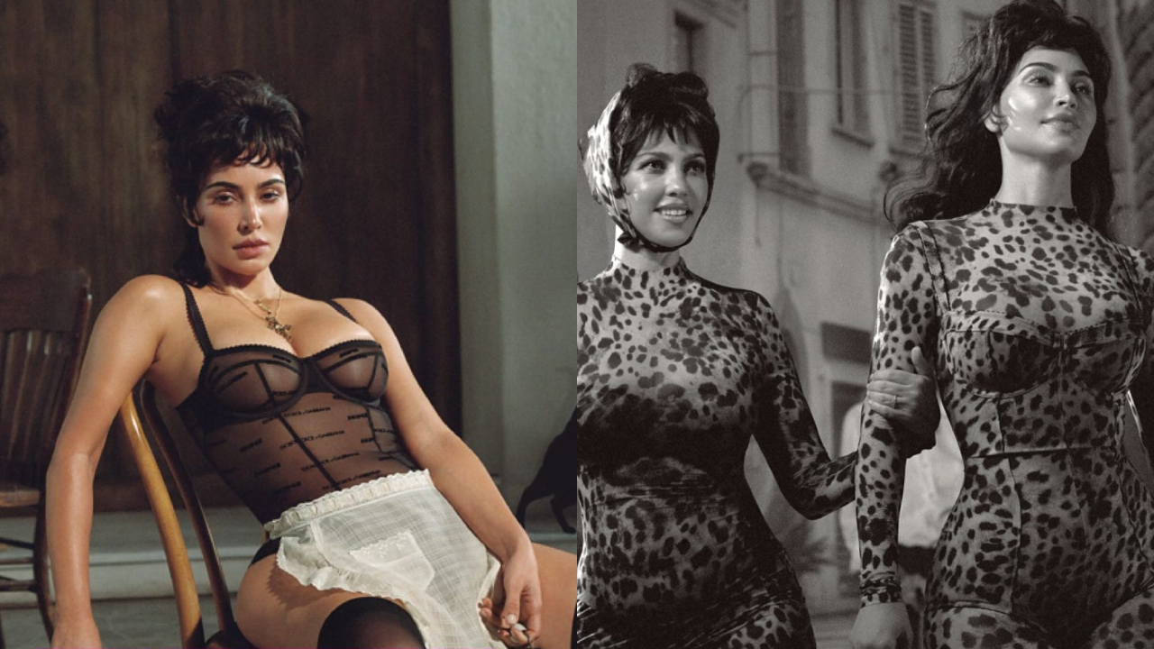 Left: Kim Kardashian seated in a black corset dress. Right: Kim and Kourtney Kardashian walking in leopard print jumpsuits.