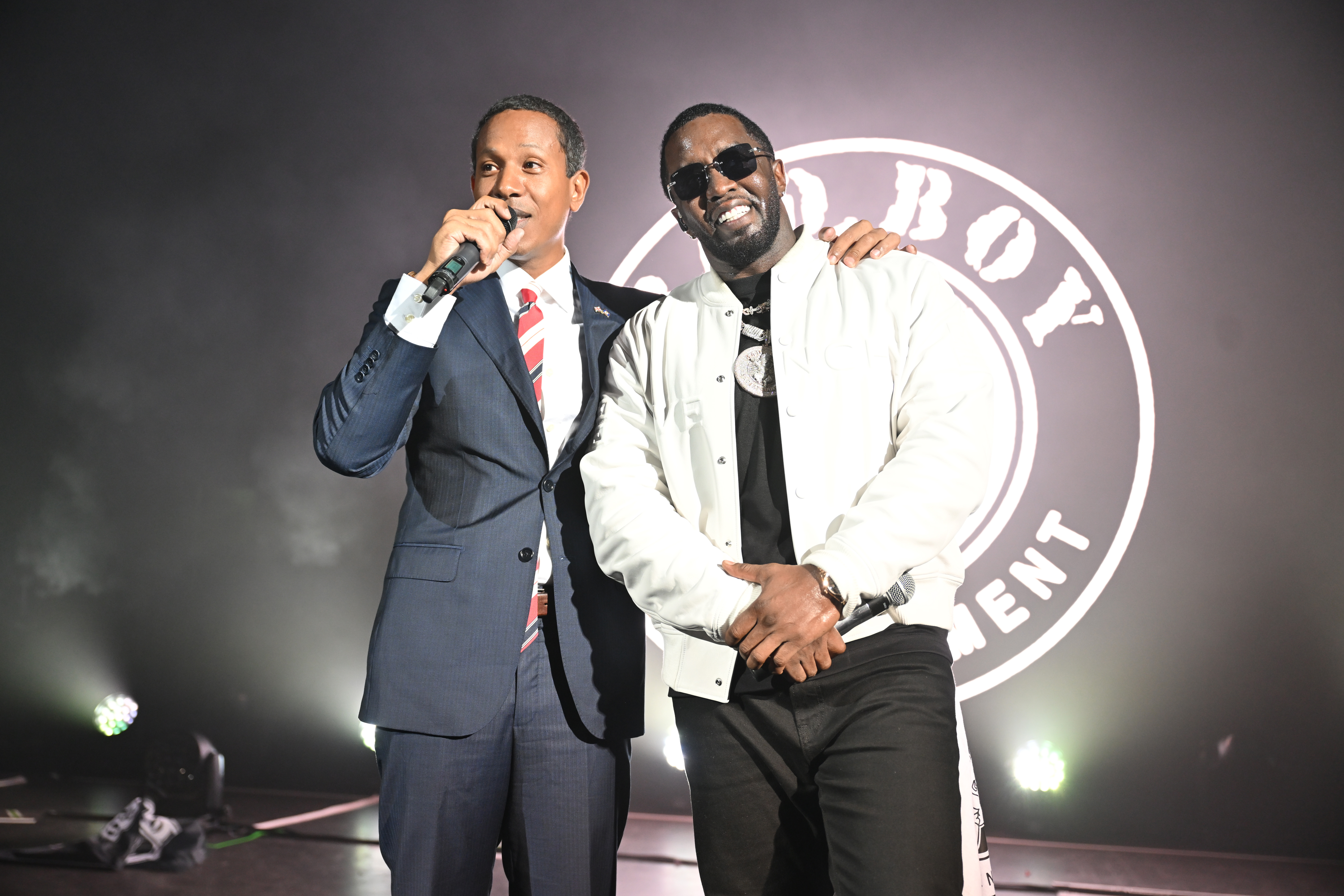 LONDON, ENGLAND - NOVEMBER 07: Shyne and Diddy onstage at O2 Shepherd's Bush Empire in a special one night only event at O2 Shepherd's Bush Empire on November 07, 2023 in London, England.