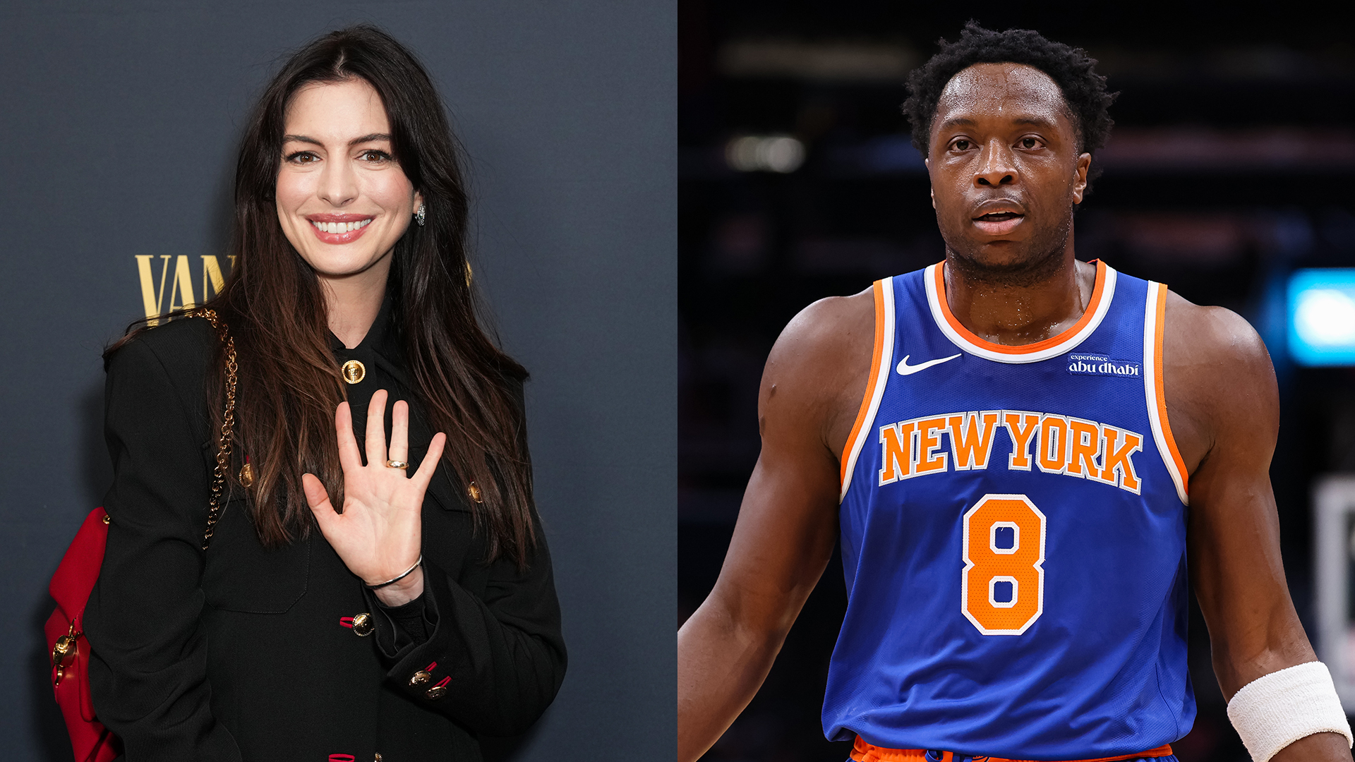 Anne Hathaway and OG Anunoby of the New York Knicks in a split photo.