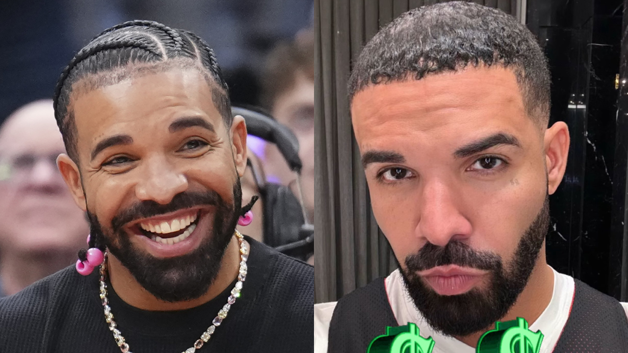 Two images of Drake: on the left, he's smiling with braided hair and pink beads; on the right, he has short hair.