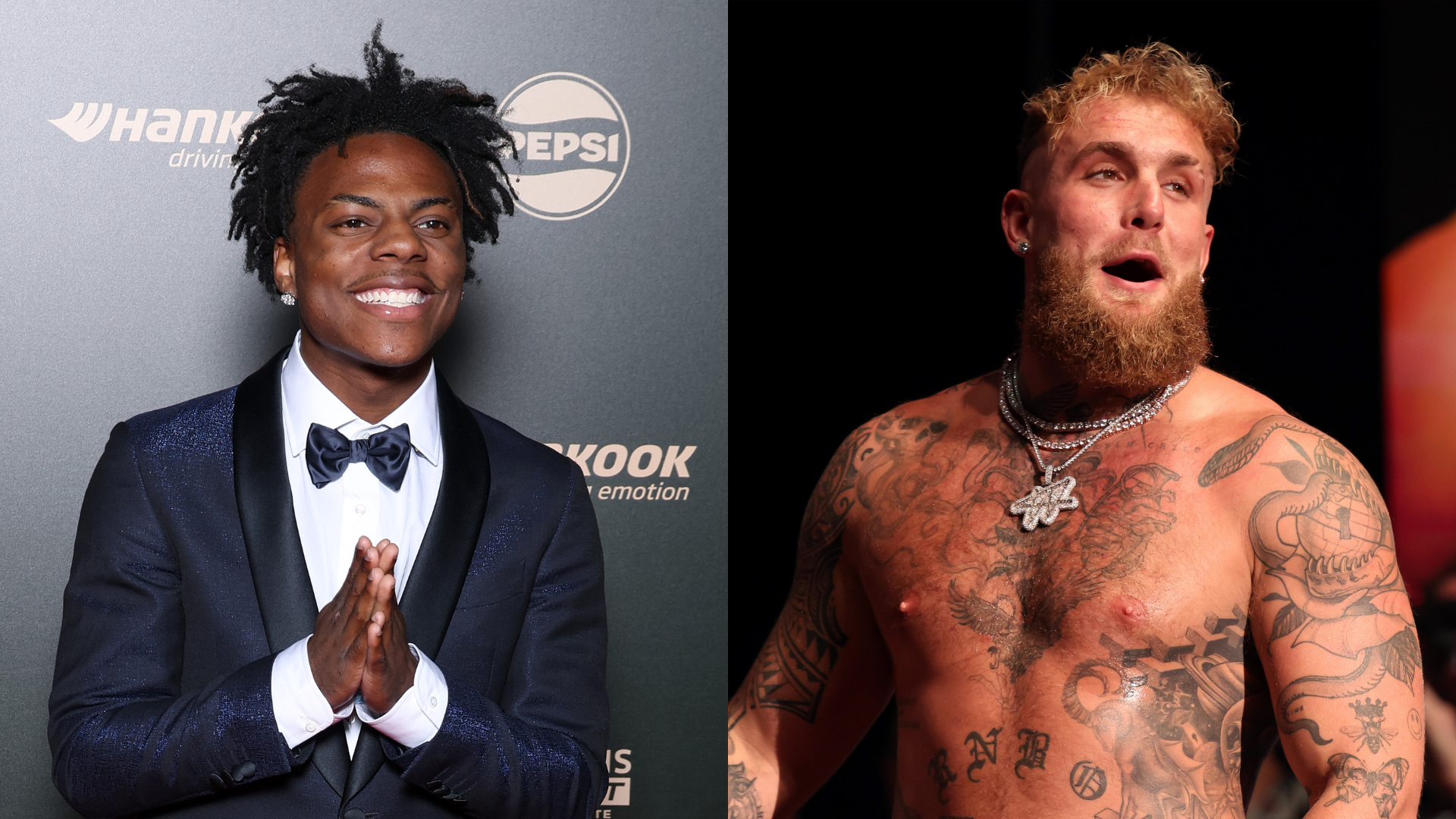 IShowSpeed in a suit smiles on the left; Jake Paul, shirtless with tattoos, on the right.