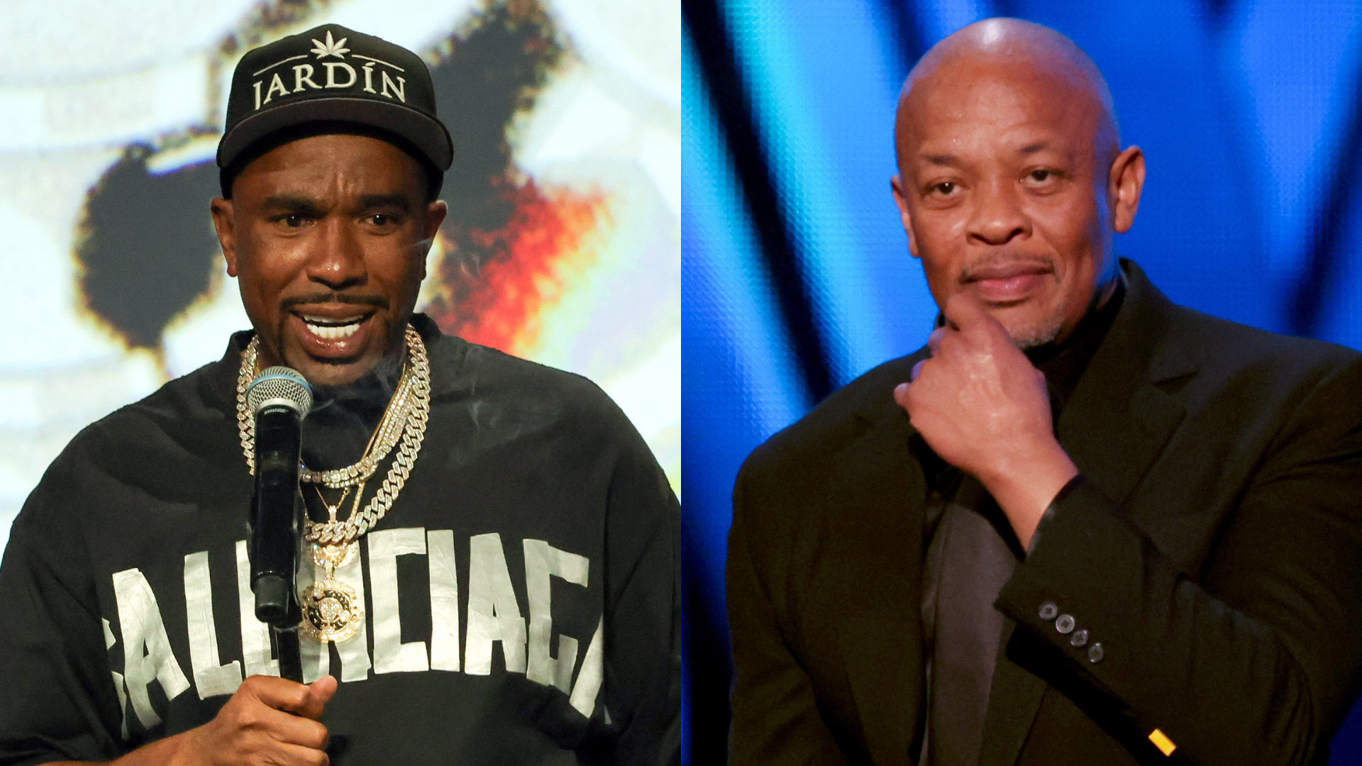 N.O.R.E. wearing a cap and chains, speaking into a microphone, and Dr. Dre in a suit, touching his chin, against a blue backdrop.