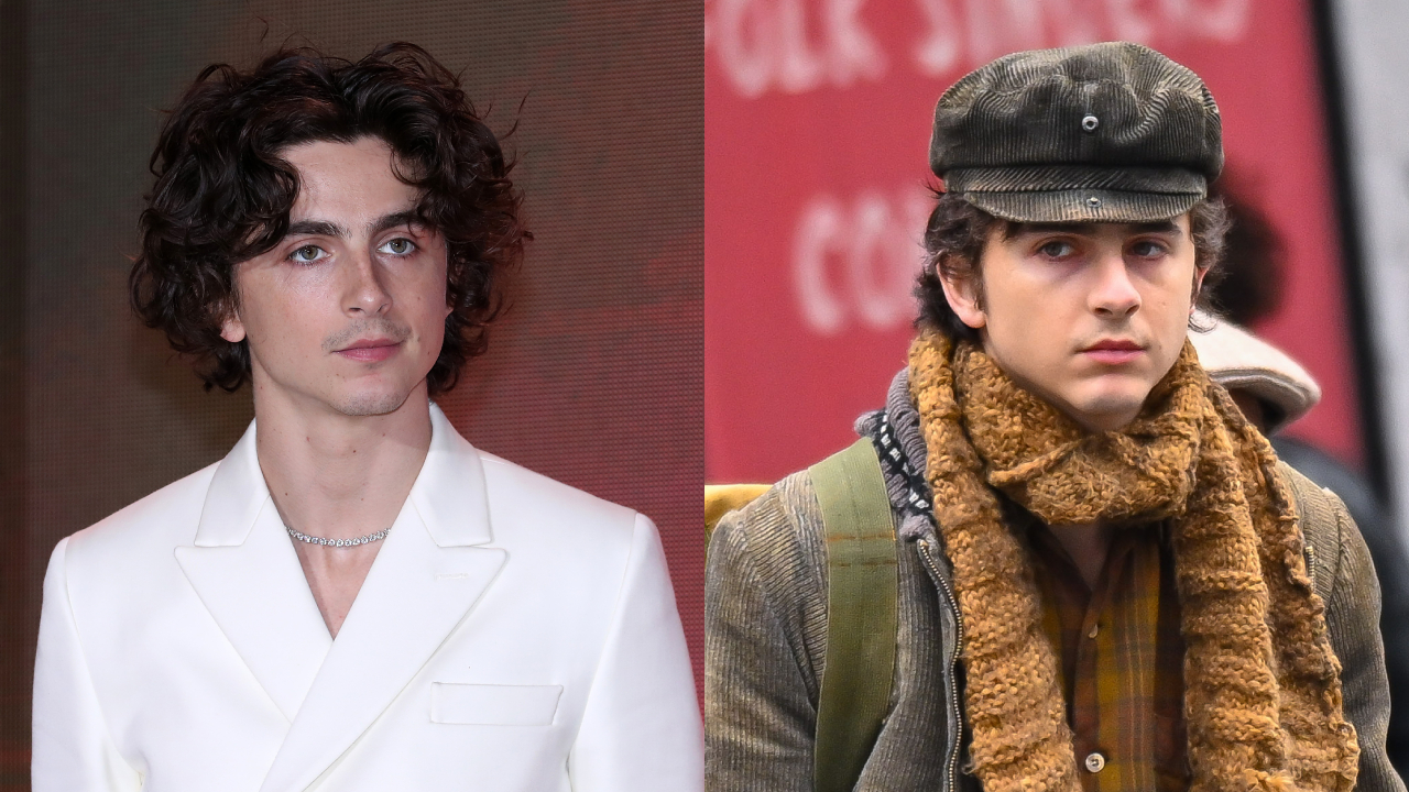 Two images of Timothée Chalamet. Left: in a white suit, curly hair. Right: wearing a cap, scarf, and jacket, looking serious.