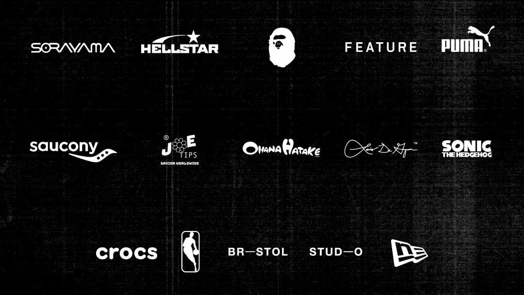 Logos of various brands including Puma, Crocs, NBA, Sonic the Hedgehog, and New Era on a black background.