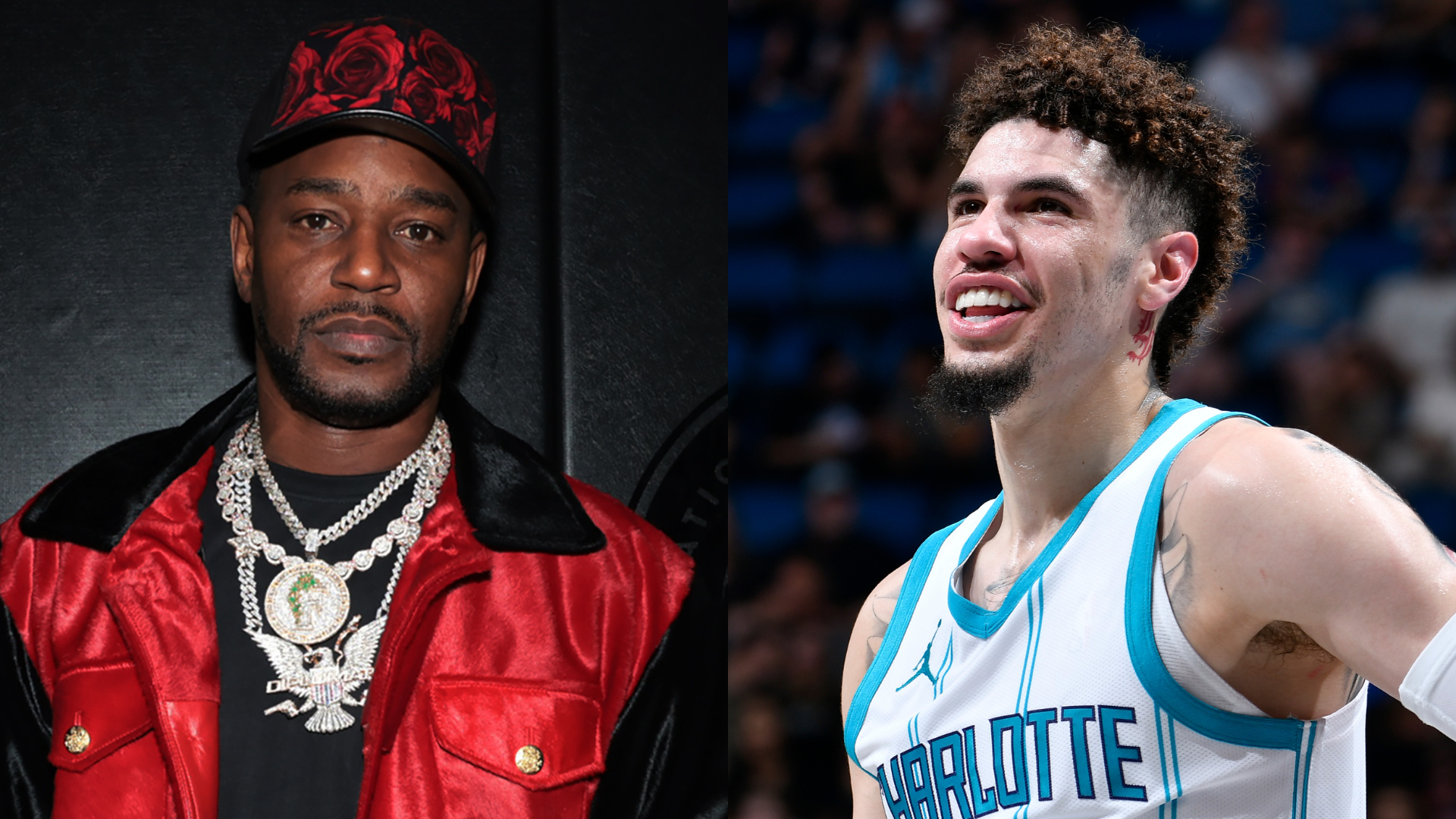 (L) Cam'ron in a red jacket and cap, wearing chains. (R) LaMelo Ball in a Charlotte Hornets jersey, smiling on a basketball court.
