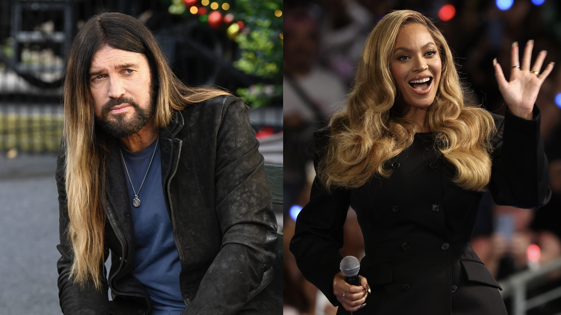 (L) Billy Ray Cyrus wearing blue shirt and black jacket. (R) Beyoncé looks on during a campaign rally with Democratic presidential nominee, U.S. Vice President Kamala Harris, at Shell Energy Stadium on October 25, 2024 in Houston, Texas