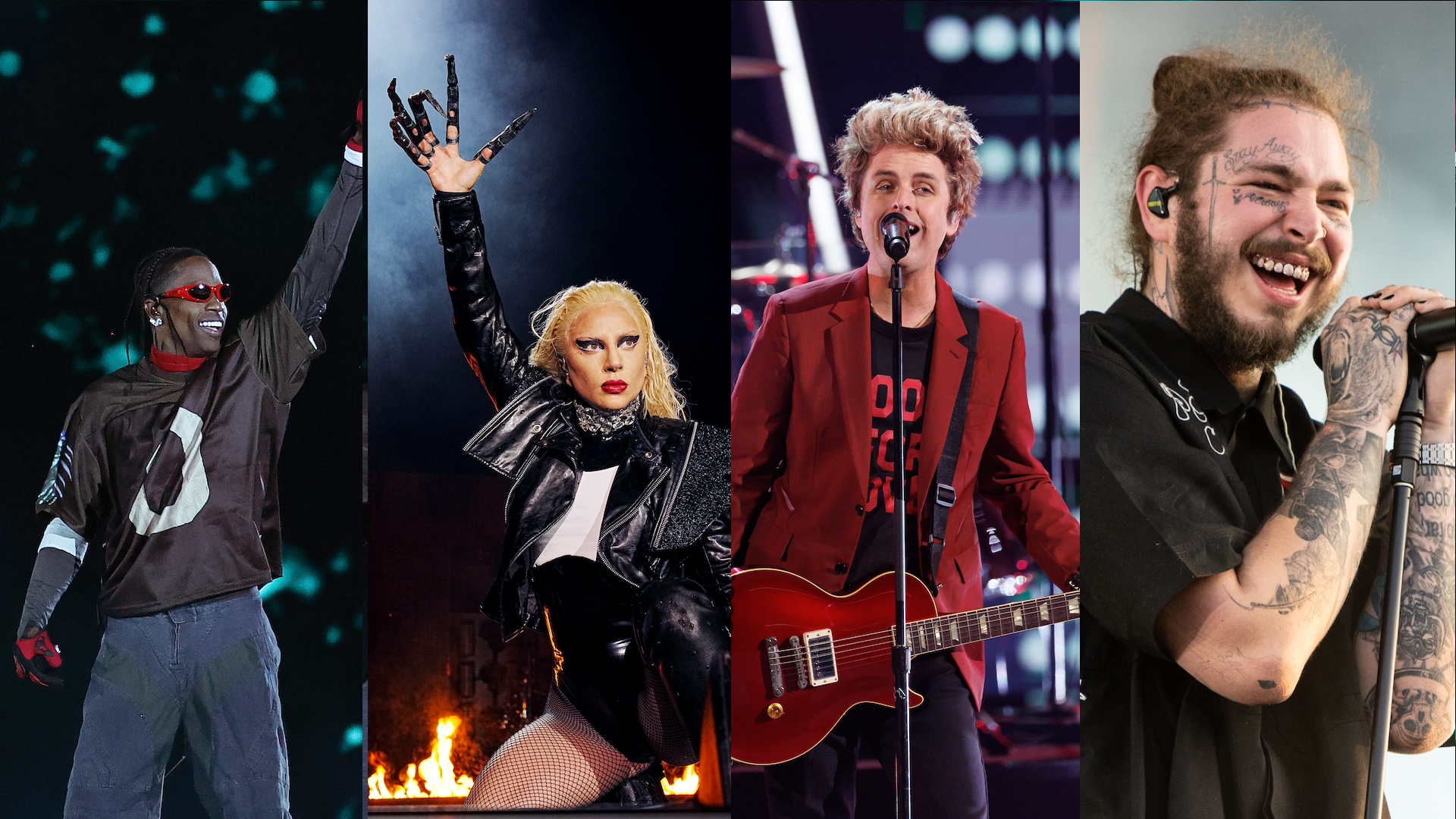 Travis Scott performing, Lady Gaga in a dramatic pose, Billie Joe Armstrong playing guitar, and Post Malone smiling with a mic.