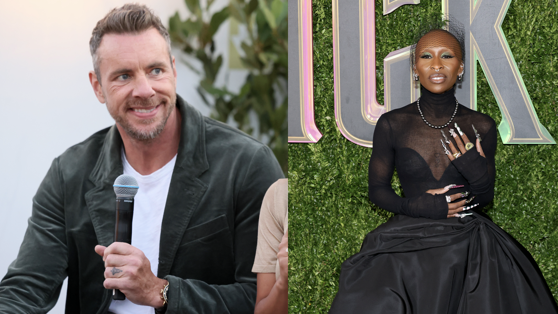 (L) Dax Shepard and Monica Padman speak onstage during Variety Shaping Culture With Podcasts, Presented By Wondery at Funke on September 19, 2024 in Beverly Hills, California (R) Cynthia Erivo attends the "Wicked" New York Premiere at Museum of Modern Art on November 14, 2024 in New York City