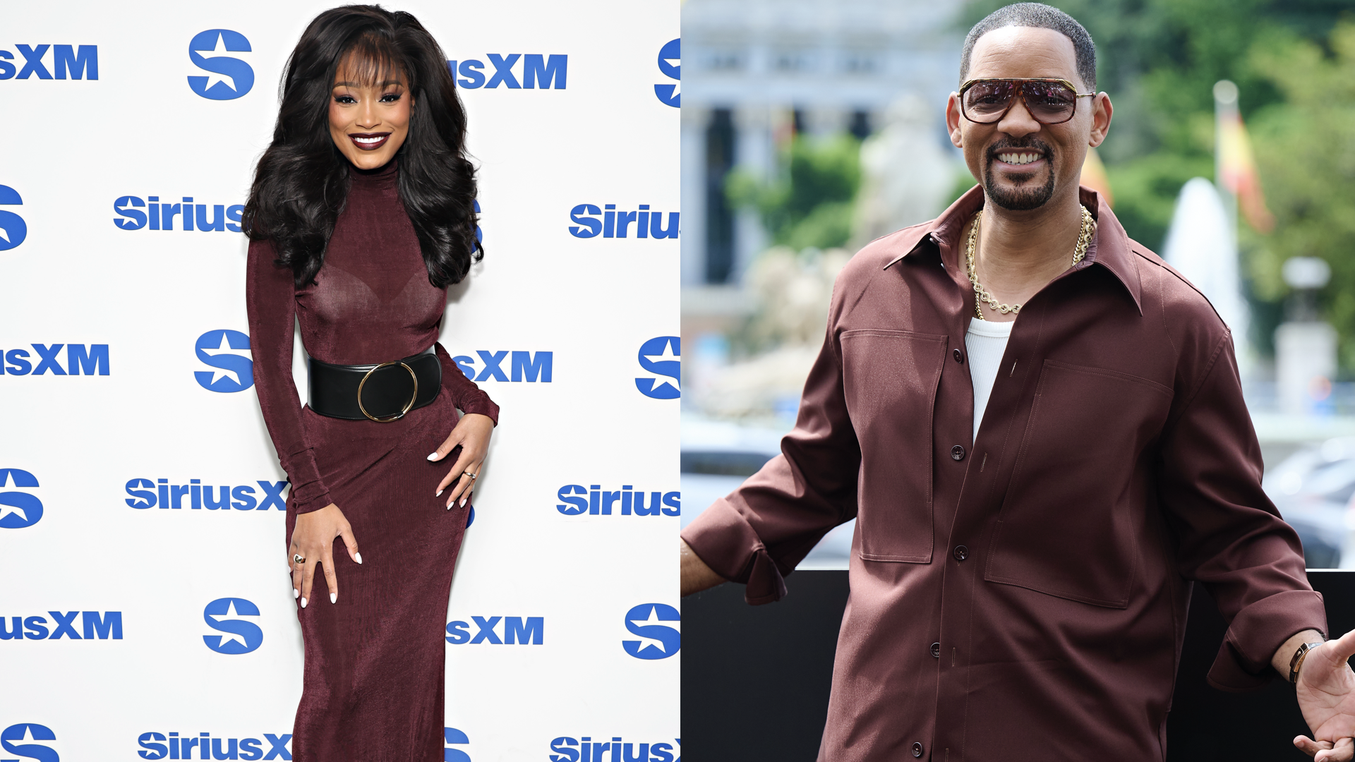 (L) Keke Palmer visits the SiriusXM Studios on November 20, 2024 in New York City (R) American actor Will Smith attends to "Bad Boys: Ride or Die" photocall at Cibeles Square on May 26, 2024 in Madrid, Spain.