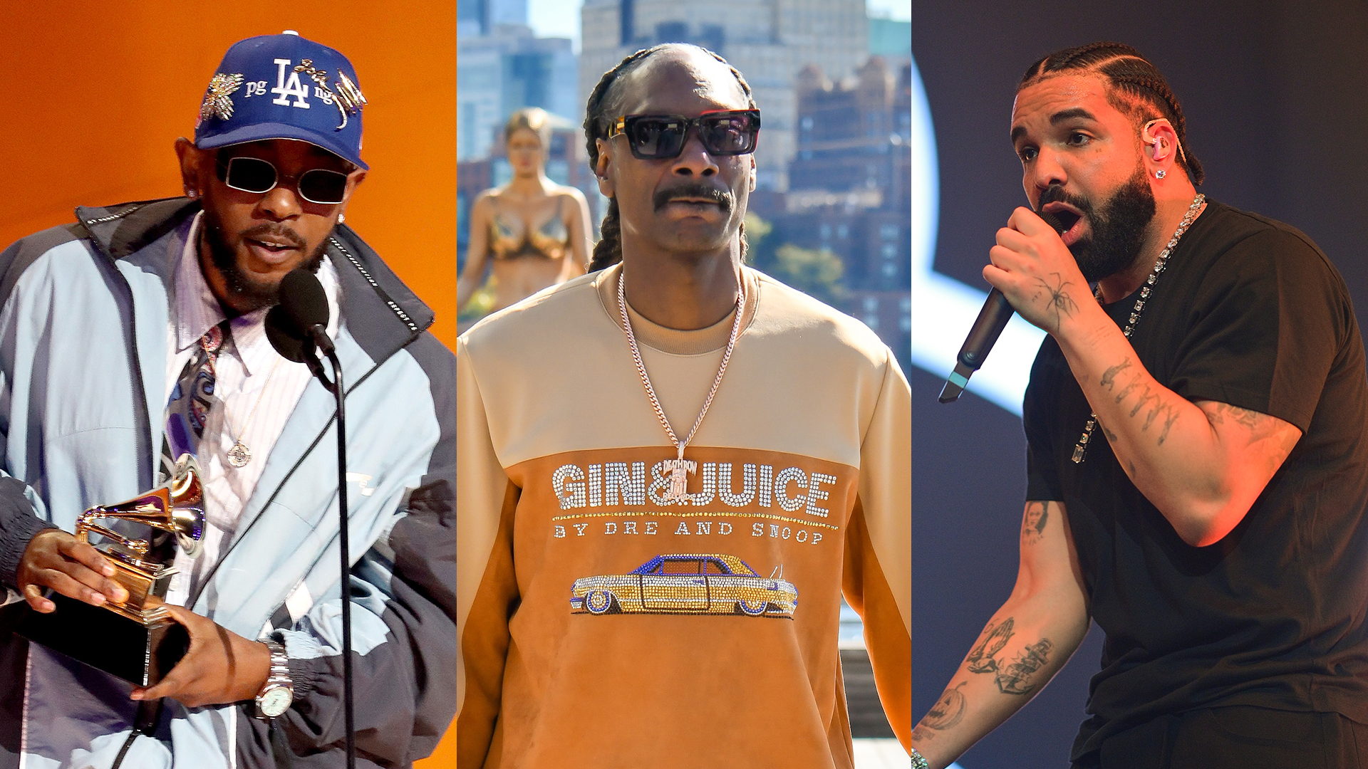Kendrick Lamar holding a Grammy, Snoop Dogg in sunglasses, and Drake performing on stage.