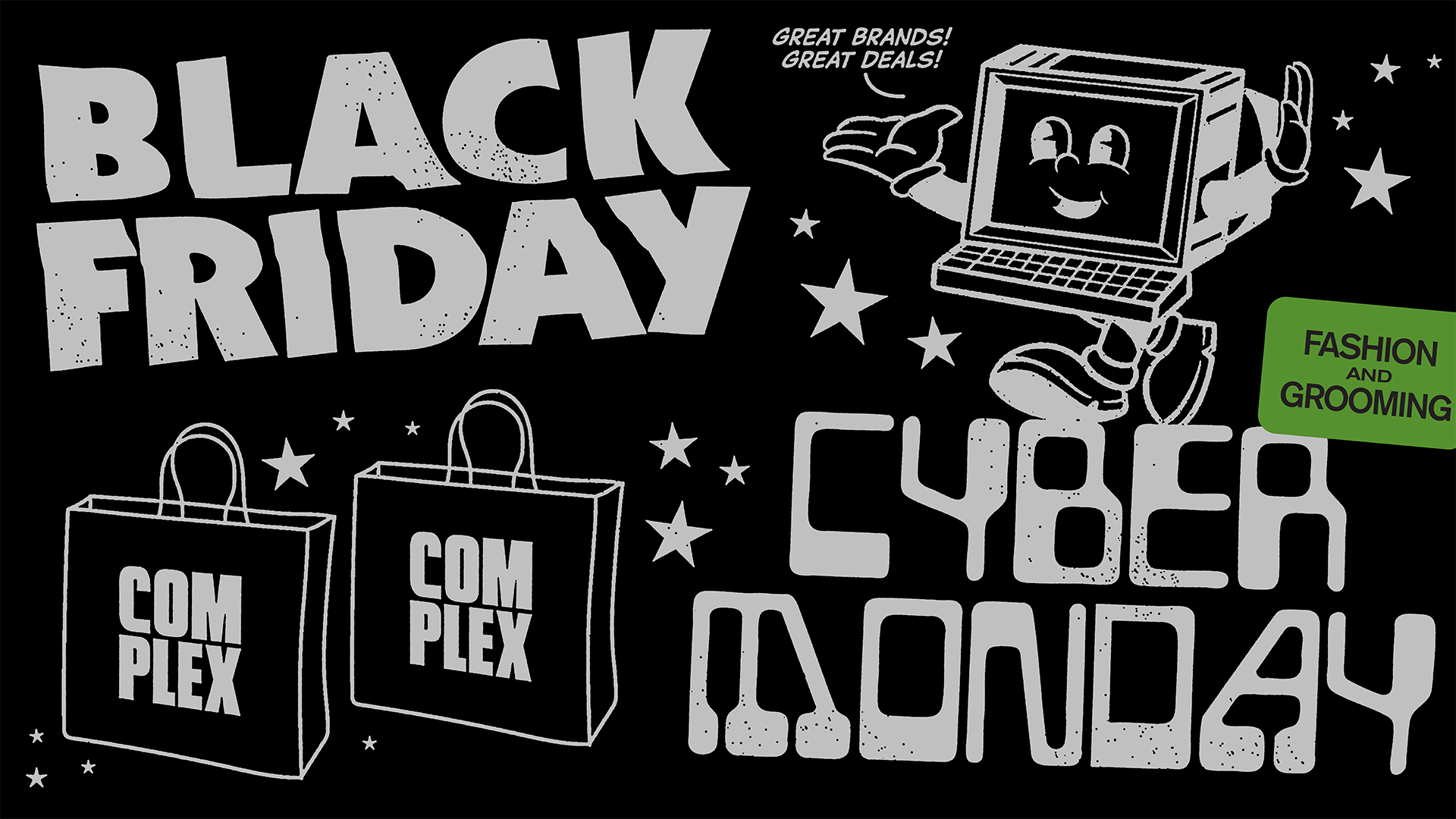 Black and white graphic promoting Black Friday and Cyber Monday sales. Features shopping bags labeled "Complex" and a cartoon computer.