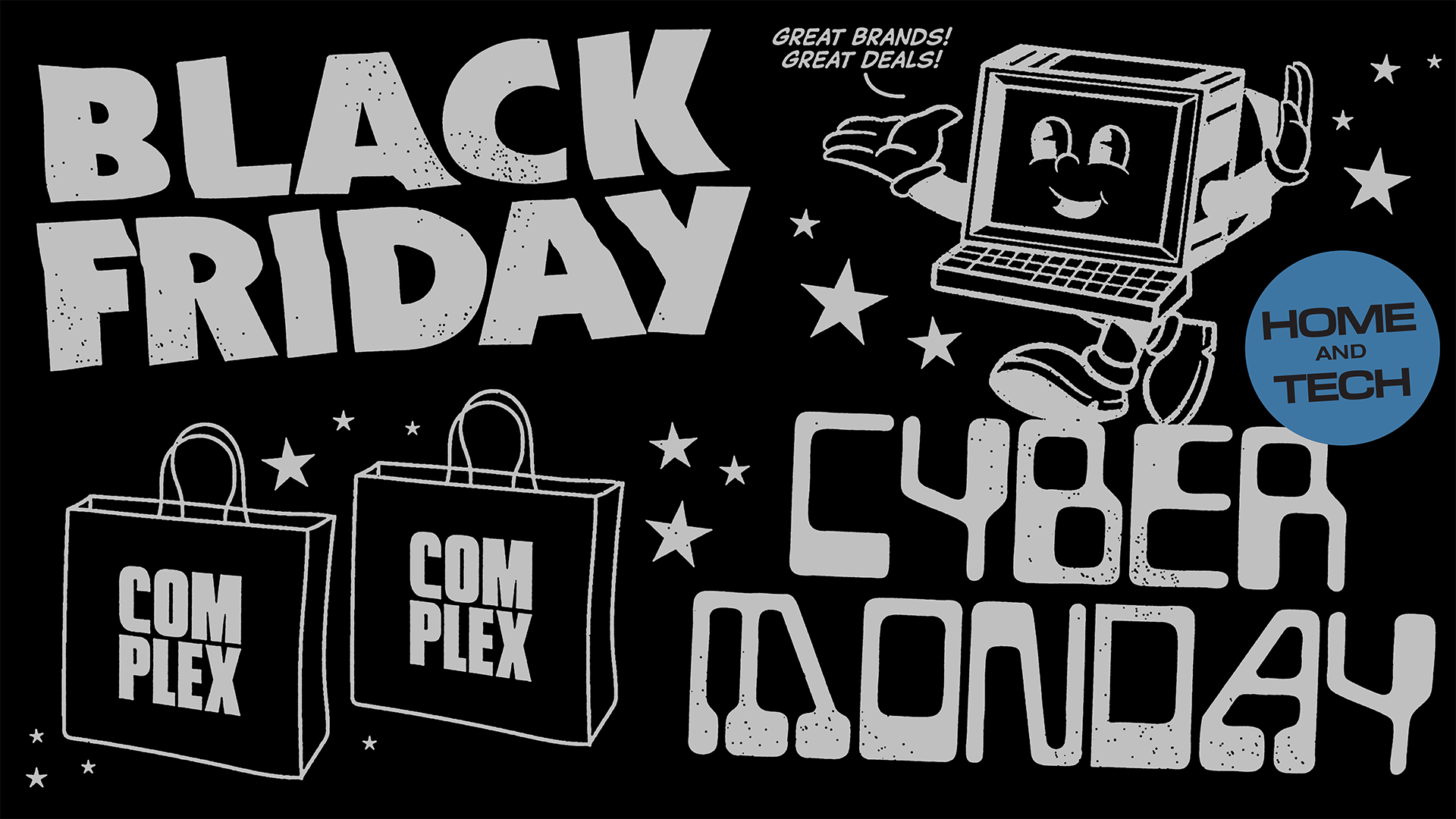 Black Friday and Cyber Monday sale graphic with shopping bags labeled "Complex" and a smiling computer character.