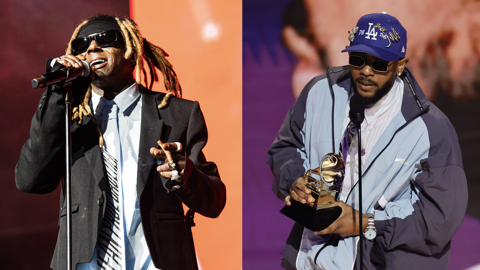 (L) Lil Wayne performs during Lil Weezyana Fest 2024 at Smoothie King Center on November 02, 2024 in New Orleans, Louisiana (R) Kendrick Lamar accepts the Best Rap Album award for “Mr. Morale & The Big Steppers” onstage during the 65th GRAMMY Awards at Crypto.com Arena on February 05, 2023 in Los Angeles, California