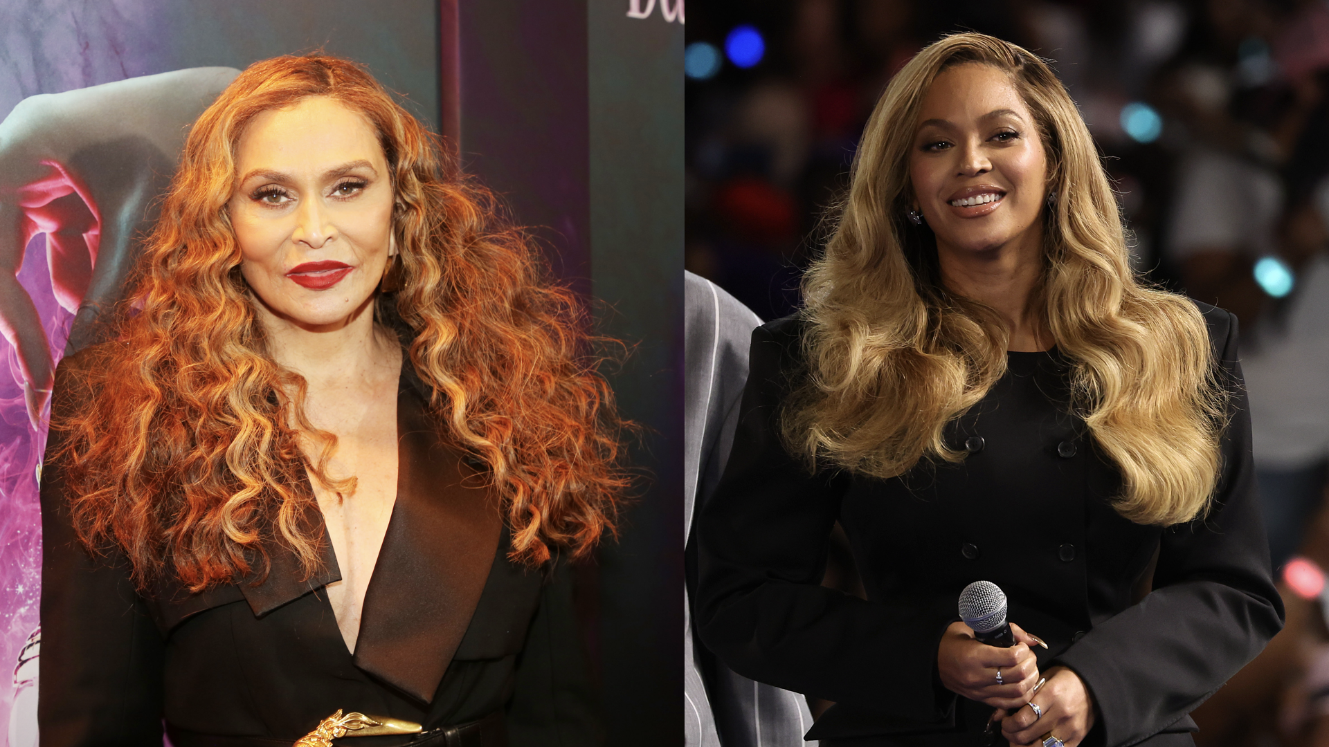 Tina Knowles poses at the opening night of the new musical based on the film "Death Becomes Her" on Broadway at The Lunt-Fontanne Theatre on November 21, 2024 in New York City/Beyoncé (R) and Kelly Rowland (L) look on during a campaign rally with Democratic presidential nominee, U.S. Vice President Kamala Harris, at Shell Energy Stadium on October 25, 2024 in Houston, Texas. Vice President Kamala Harris is campaigning in Texas holding a rally supporting reproductive rights with recording artists Beyonce and Willie Nelson.