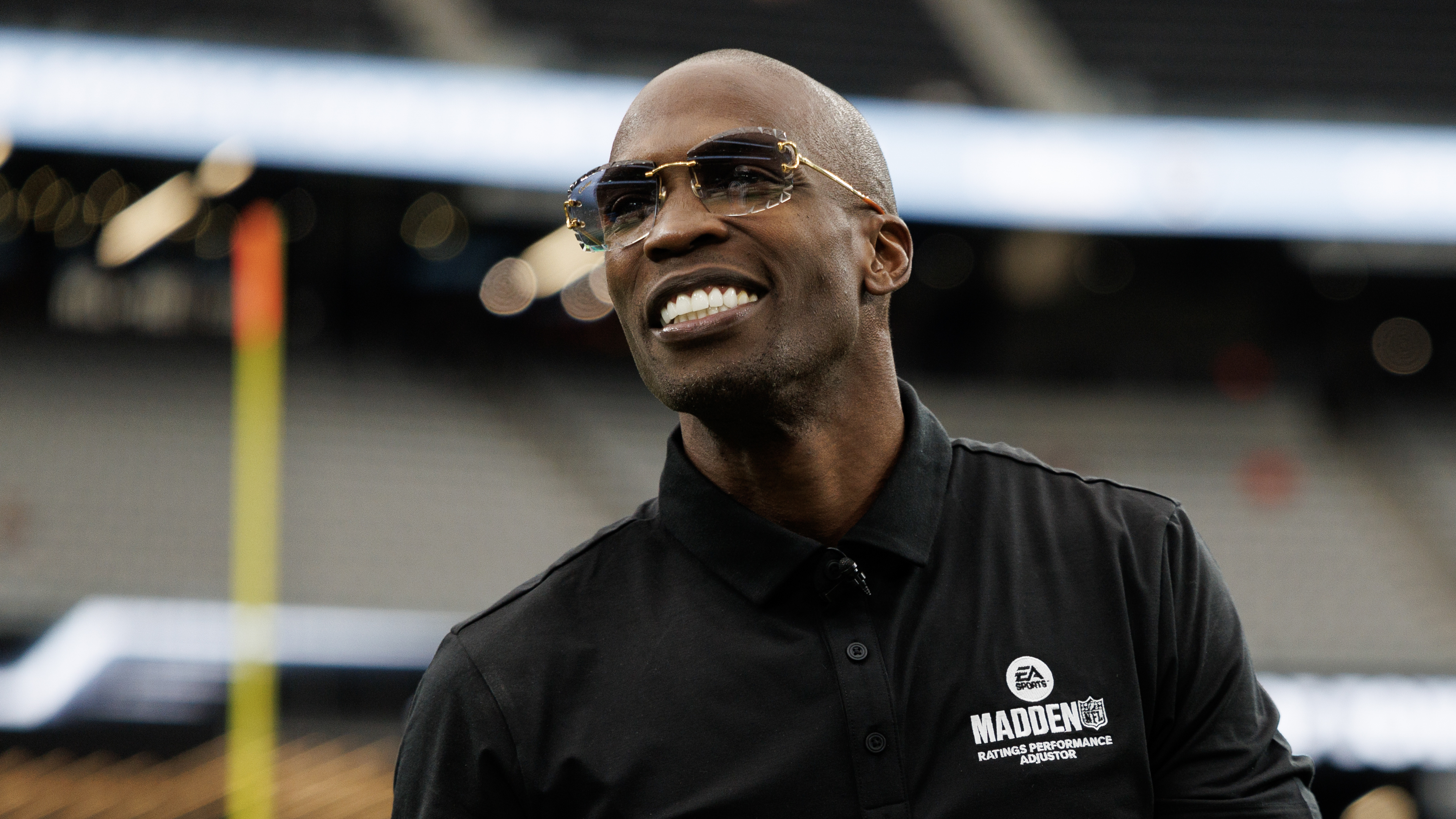 Former NFL wide receiver Chad Ochocinco Johnson looks on prior to an NFL football game between the Carolina Panthers and the Las Vegas Raiders, at Allegiant Stadium on September 22, 2024 in Las Vegas, Nevada.