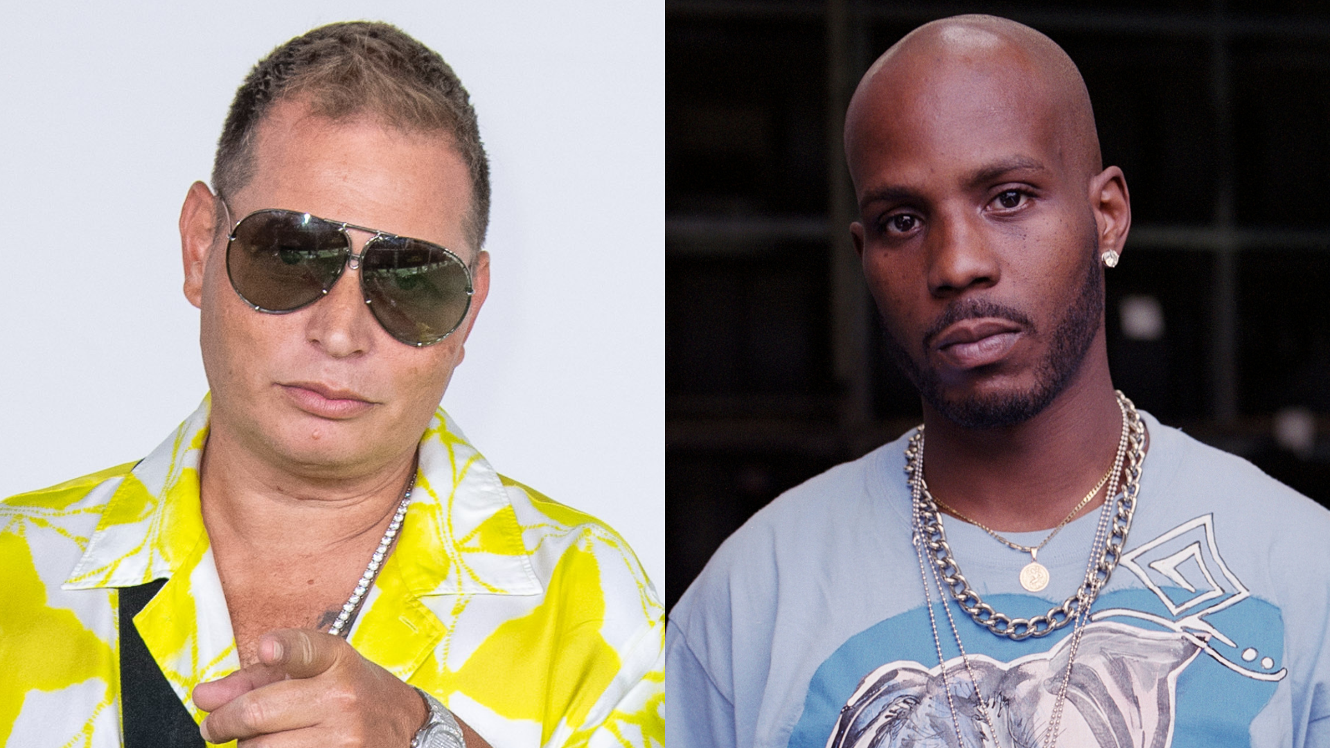(L) Scott Storch in sunglasses and a yellow shirt. (R) DMX wearing blue shirt and silver chains.