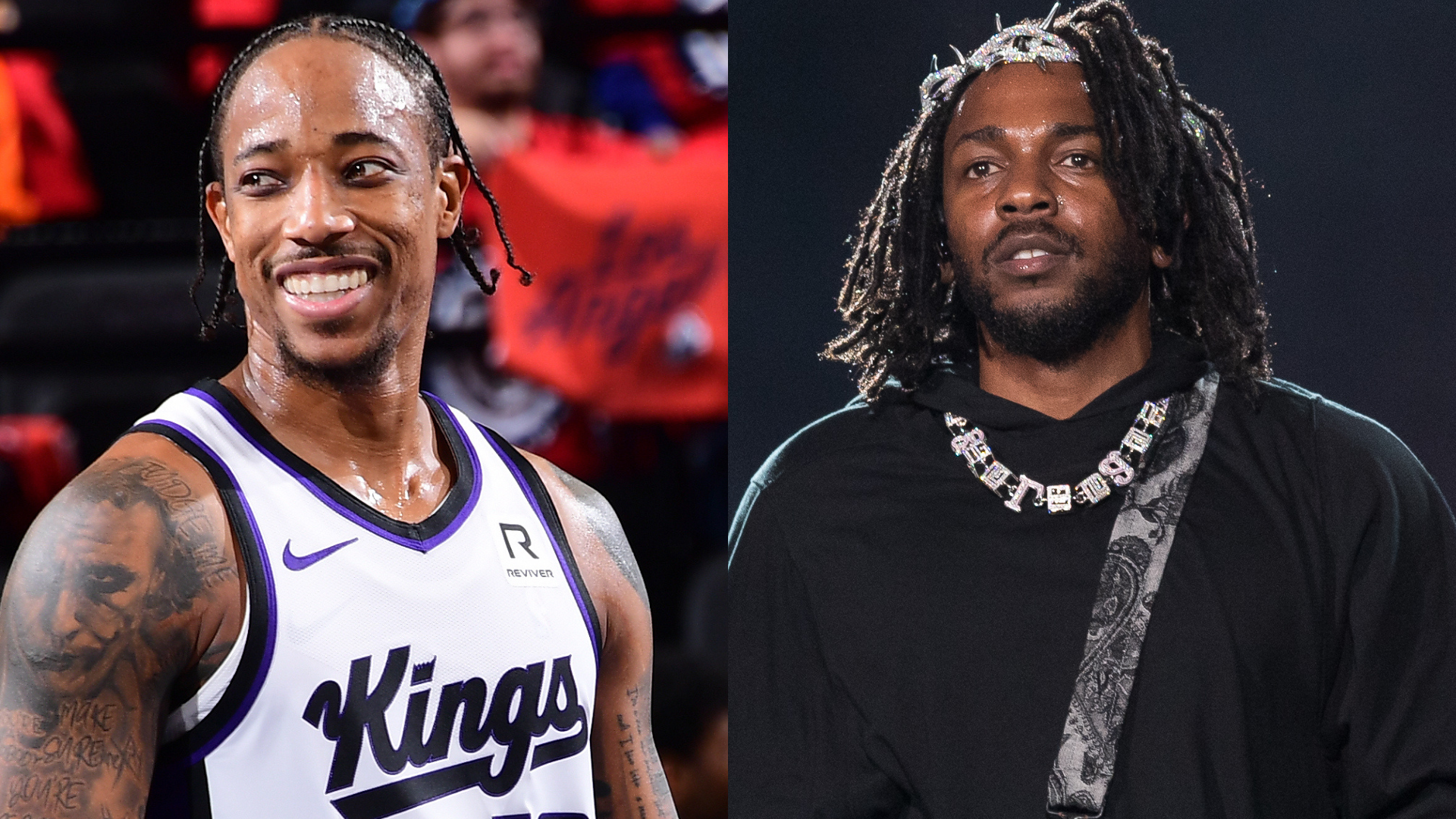 (L) DeMar DeRozan in a Kings jersey smiles. (R) Kendrick Lamar with a necklace looks serious.