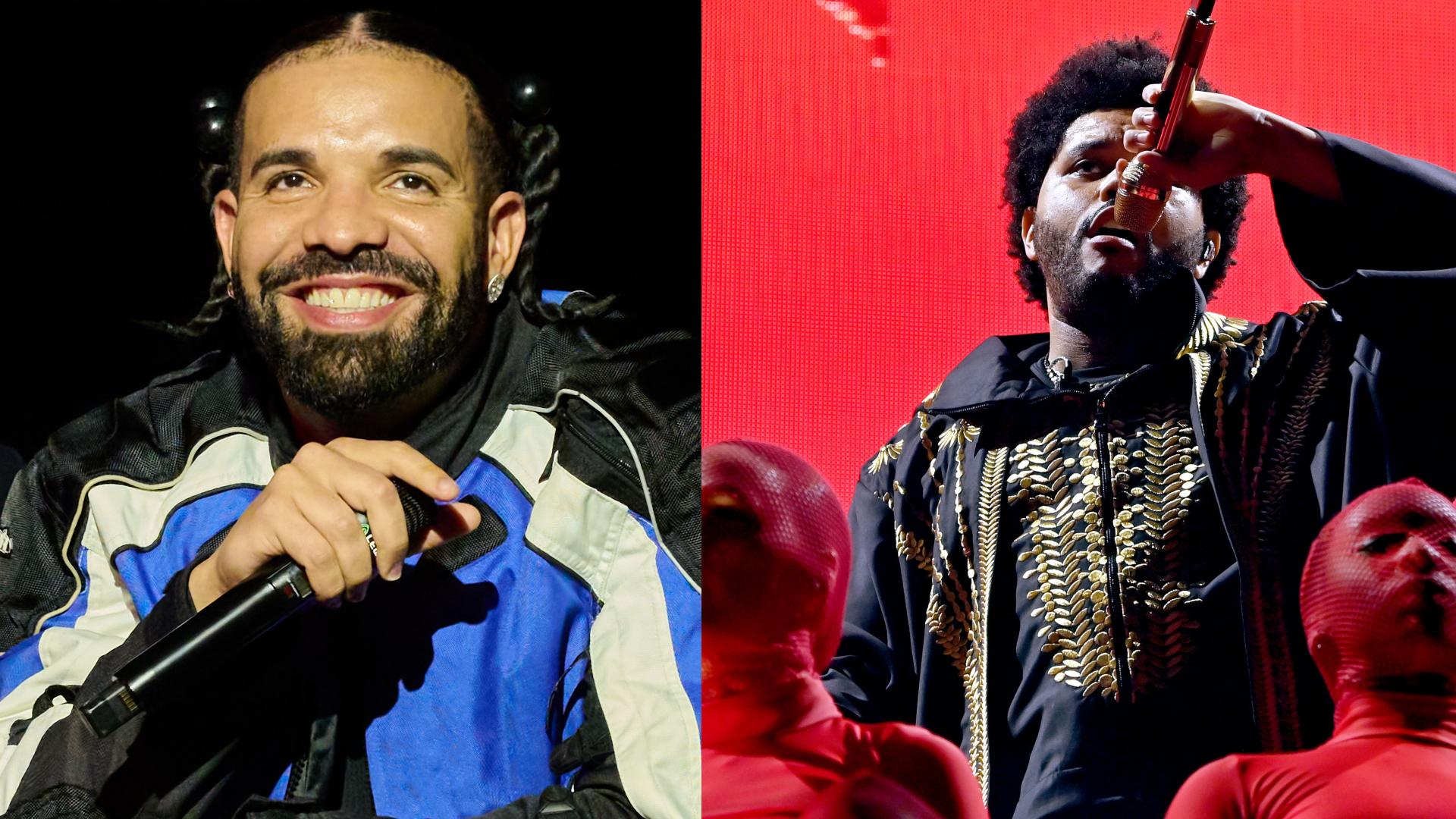 Drake smiling in a blue and black jacket; The Weeknd performing with a microphone, wearing a black and gold outfit.